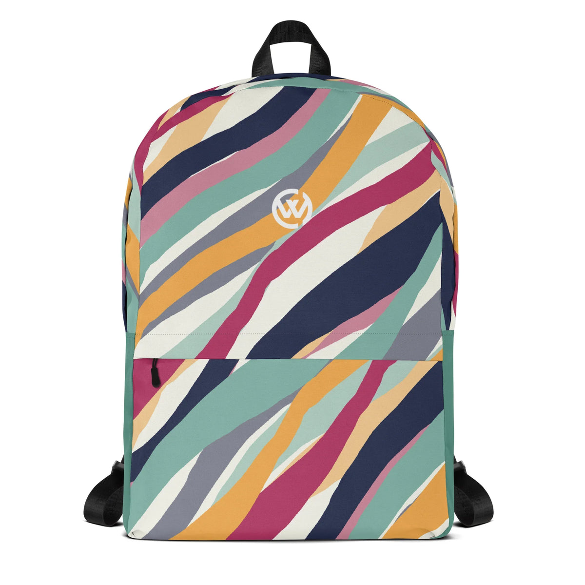 Bunter CREWILD Rucksack mit abstraktem Wellenmuster in verschiedenen Farben.