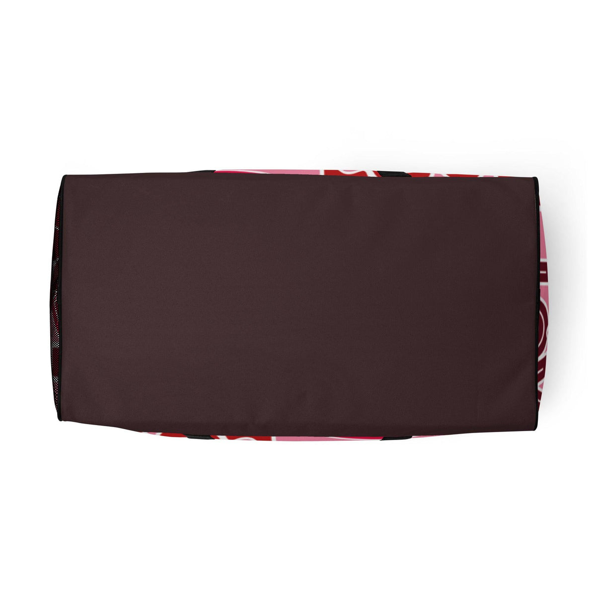 Dunkelbraune Tasche mit farbenfrohem Muster an den Seiten auf weißem Hintergrund
