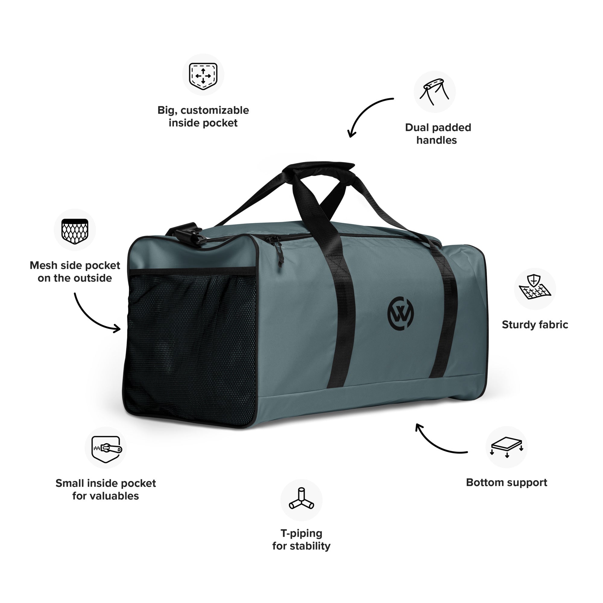 Graue Sporttasche mit Detailansichten zu Taschen, Griffen und stabilen Materialien.