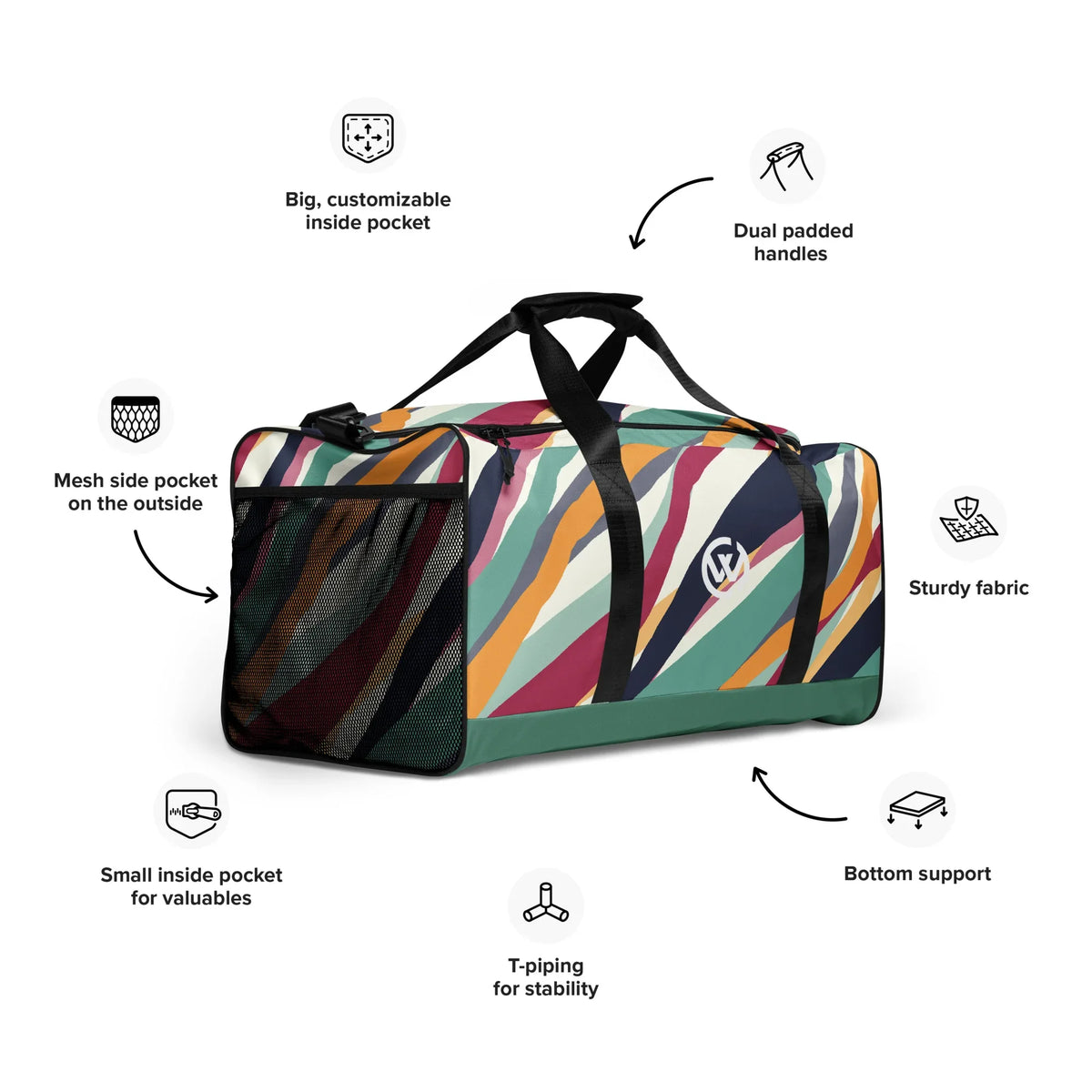 Bunte Reisetasche mit Mesh-Tasche und gepolsterten Griffen.