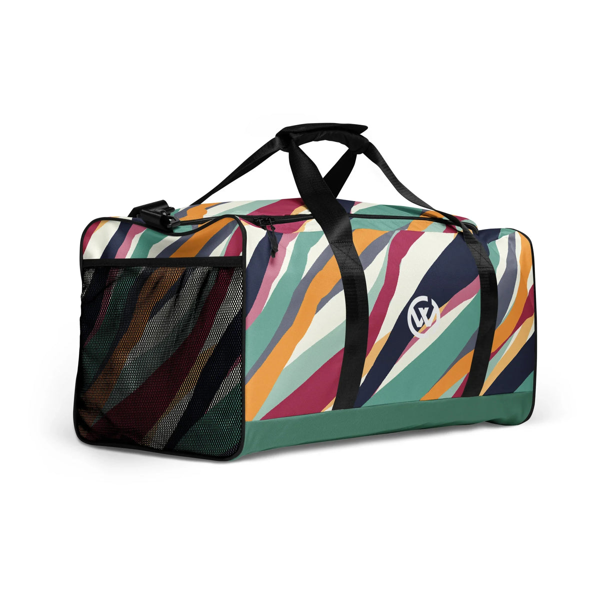 Bunte Sporttasche mit abstrakten, farbigen Streifen und einem Logo auf weißem Hintergrund.