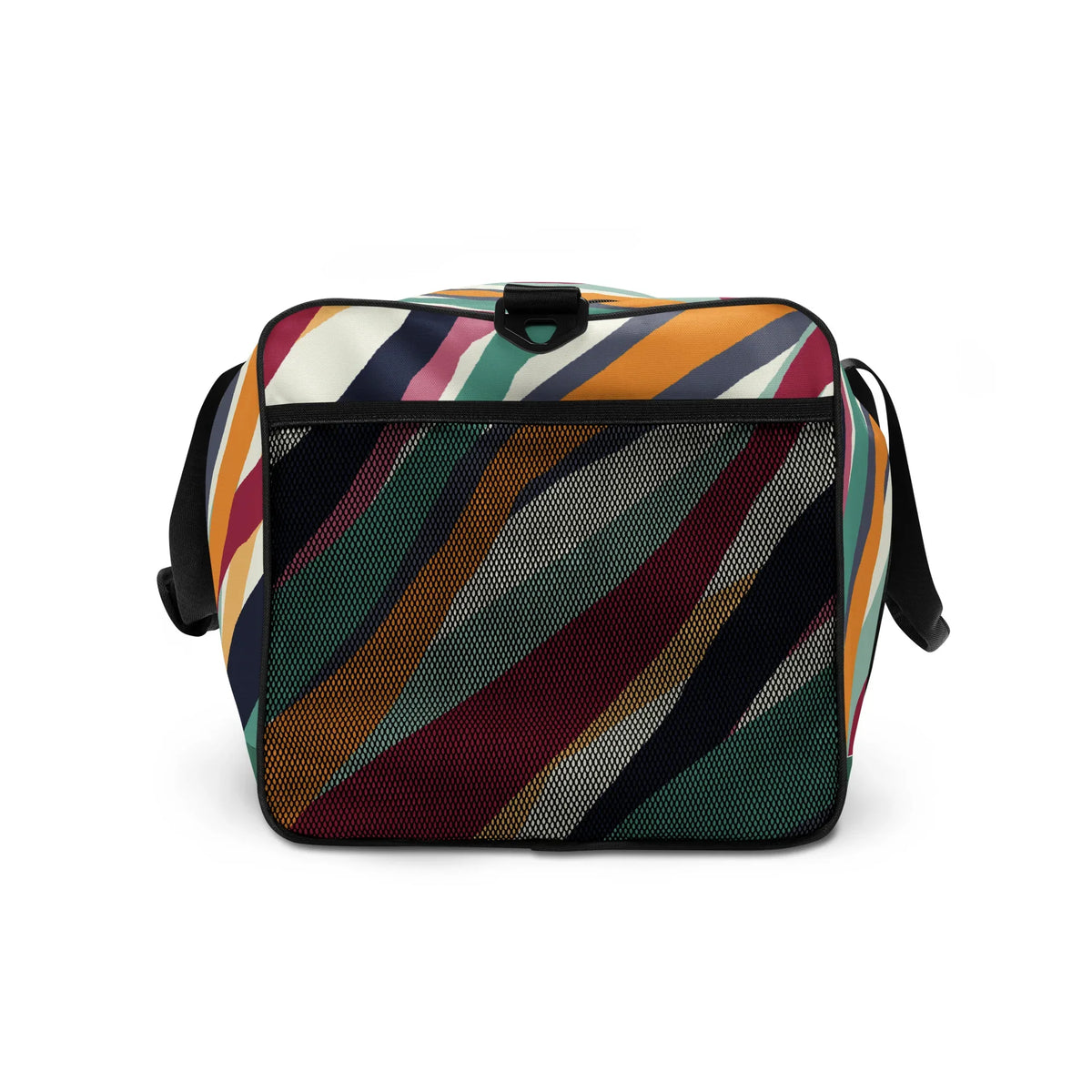 Bunte, individuell gestaltete Tasche mit mehrfarbigem Streifendesign und Netzfach