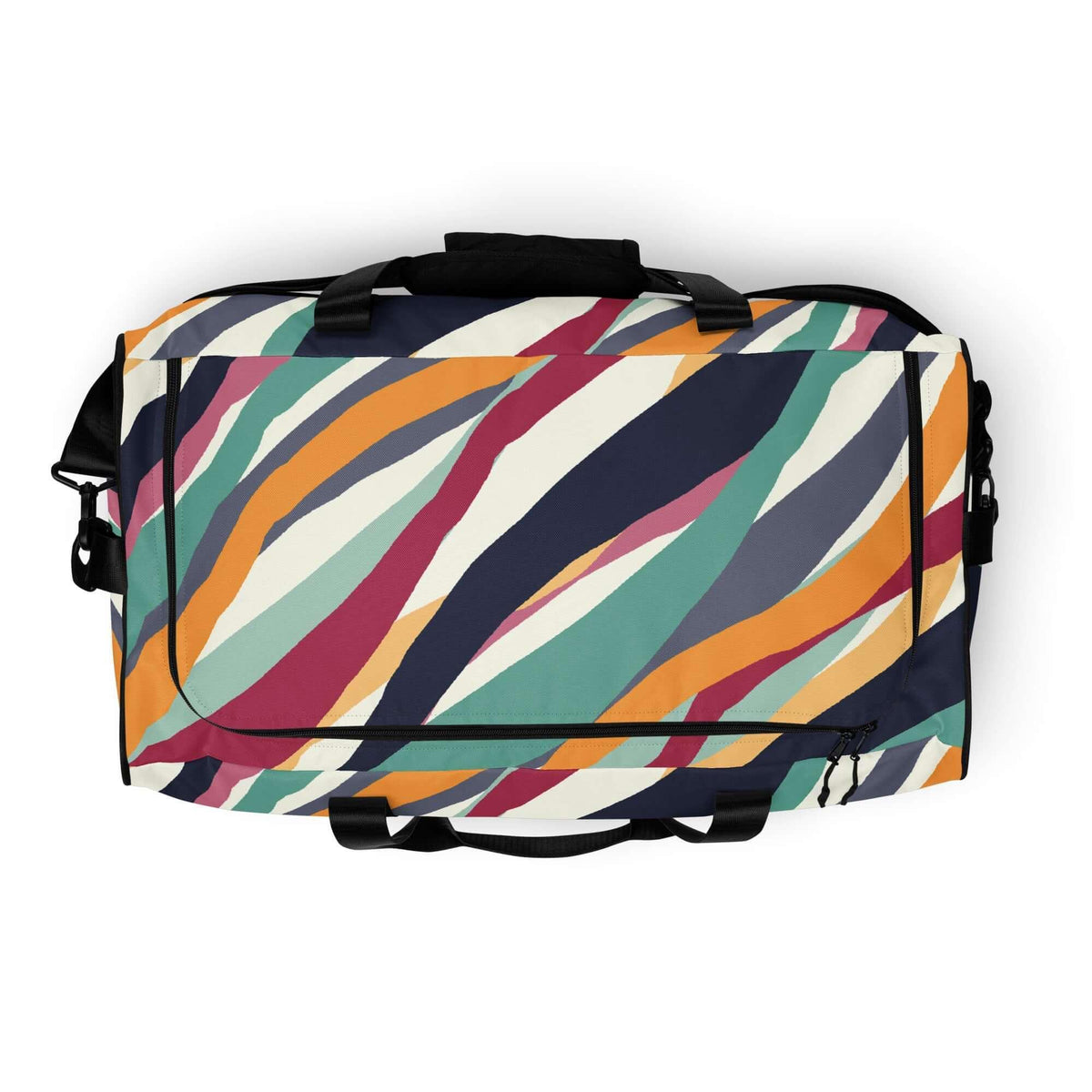 Reisetasche mit abstraktem, buntem Wellenmuster in Blau, Orange, Grün und Magenta