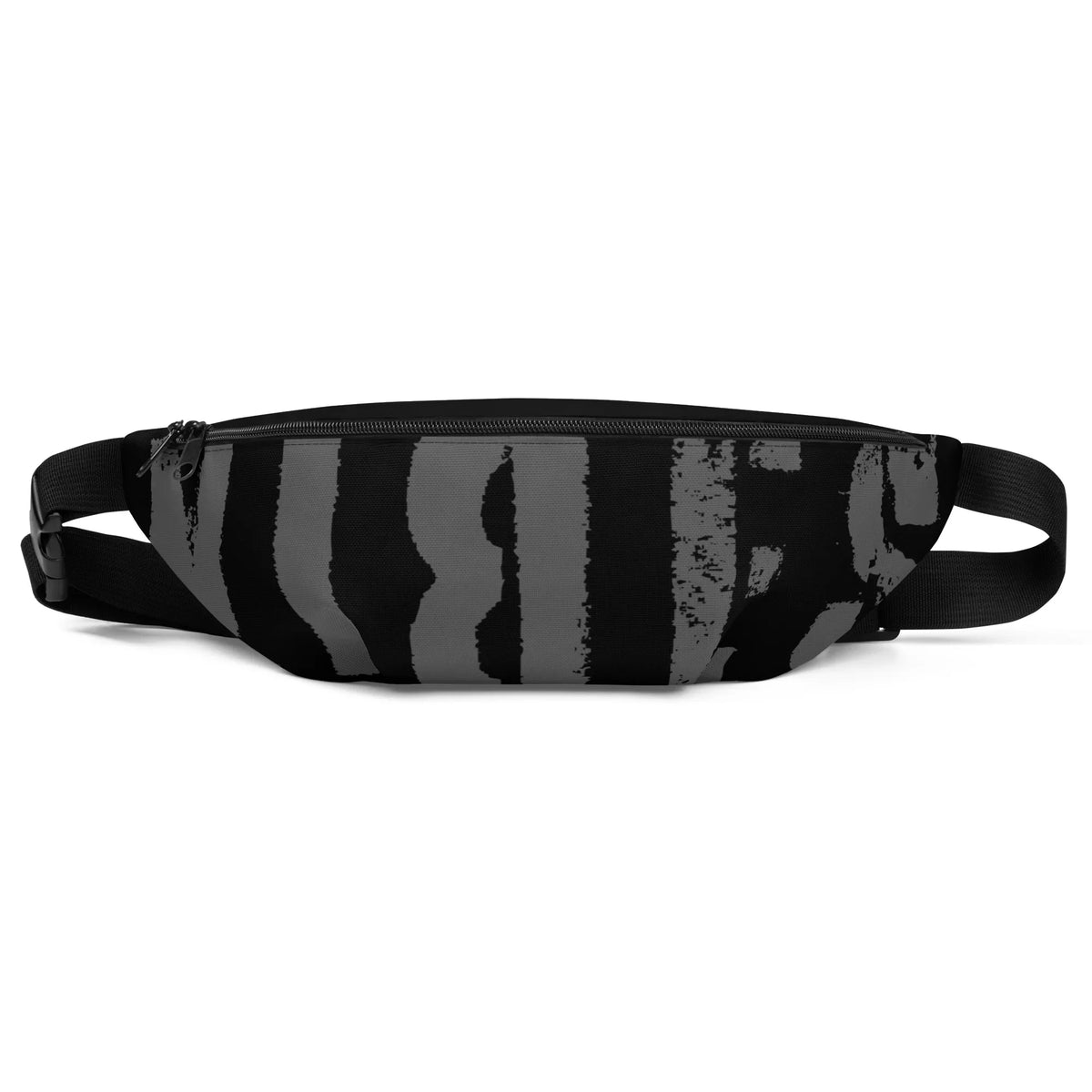Schwarze Bauchtasche mit grauem, abstraktem Grafikprint und verstellbarem Gurt