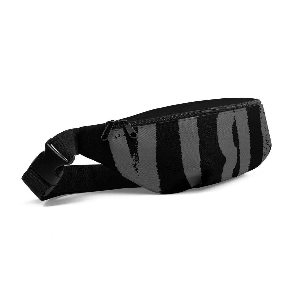 Schwarze Gürteltasche mit grauem Streifenmuster und Reißverschluss