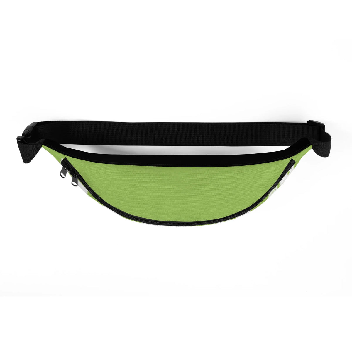 Hellgrüne Bauchtasche mit schwarzem Reißverschluss und verstellbarem Gurt auf weißem Hintergrund