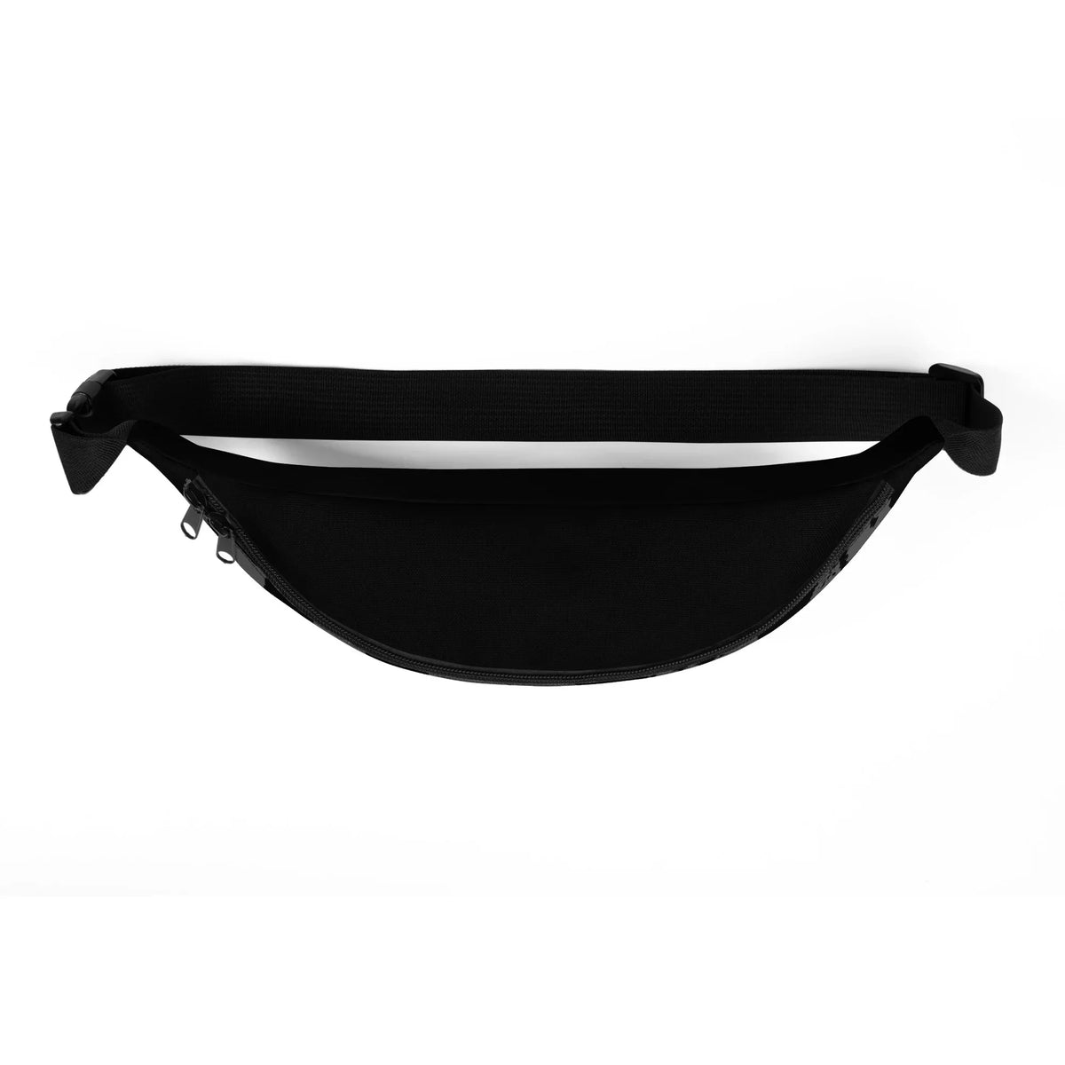 Schwarze Bauchtasche aus strapazierfähigem Material mit verstellbarem Gurt vor weißem Hintergrund