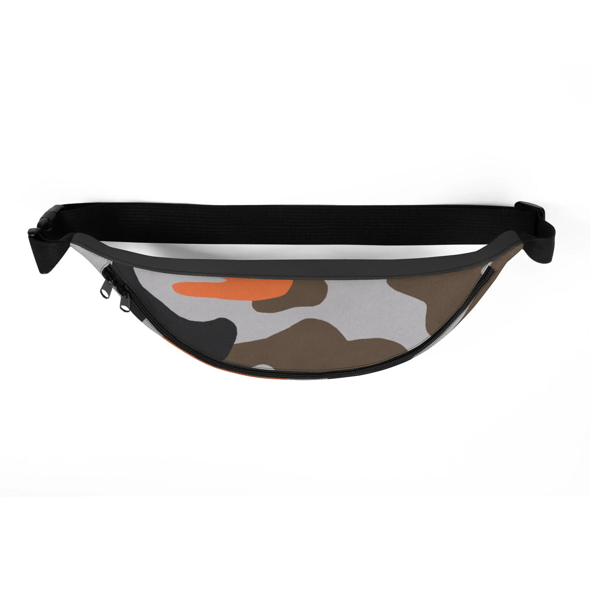 Bauchtasche mit modernem Tarnmuster in Grau, Braun und Orange auf weißem Hintergrund
