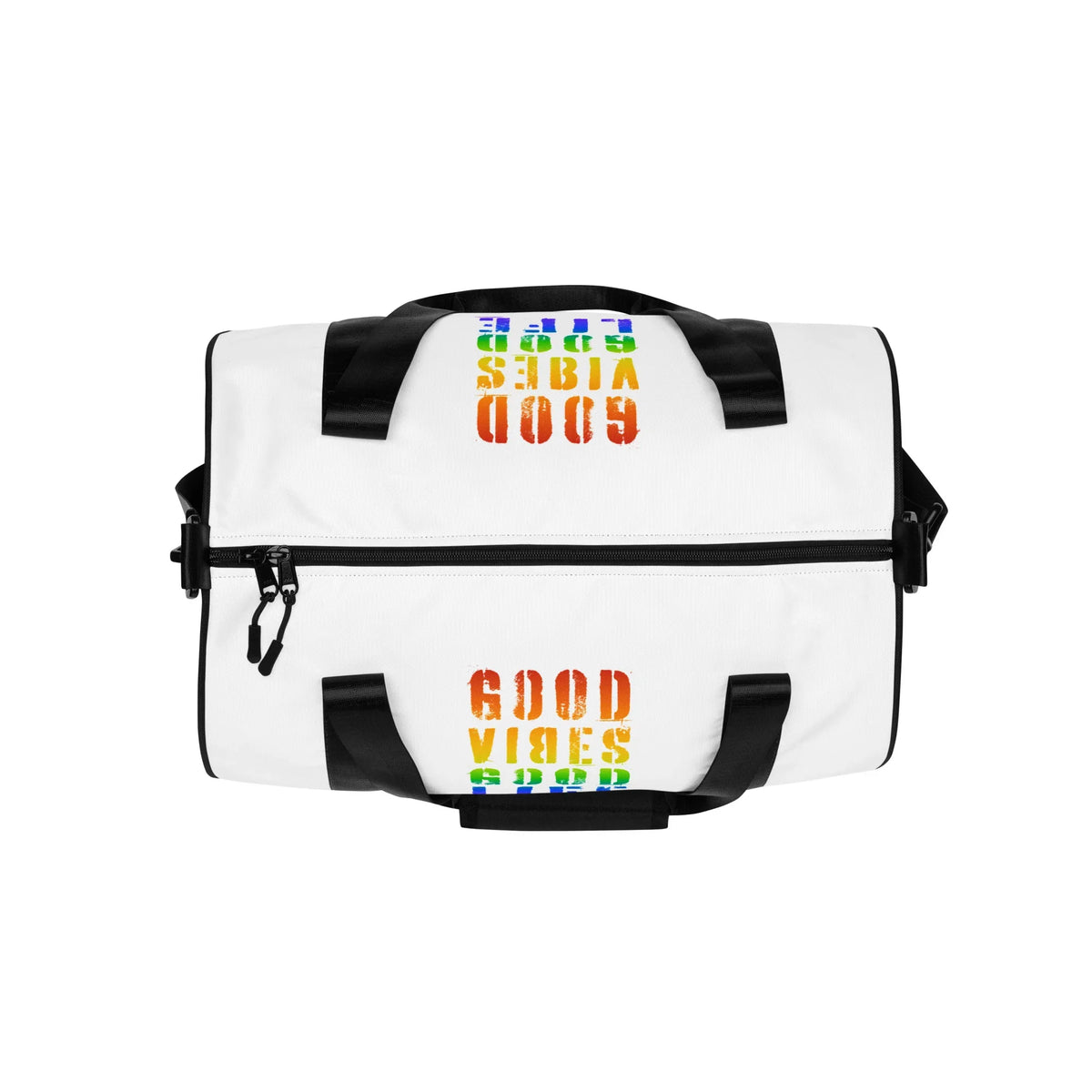 Weiße CREWILD Sporttasche mit regenbogenfarbenem GOOD VIBES Aufdruck