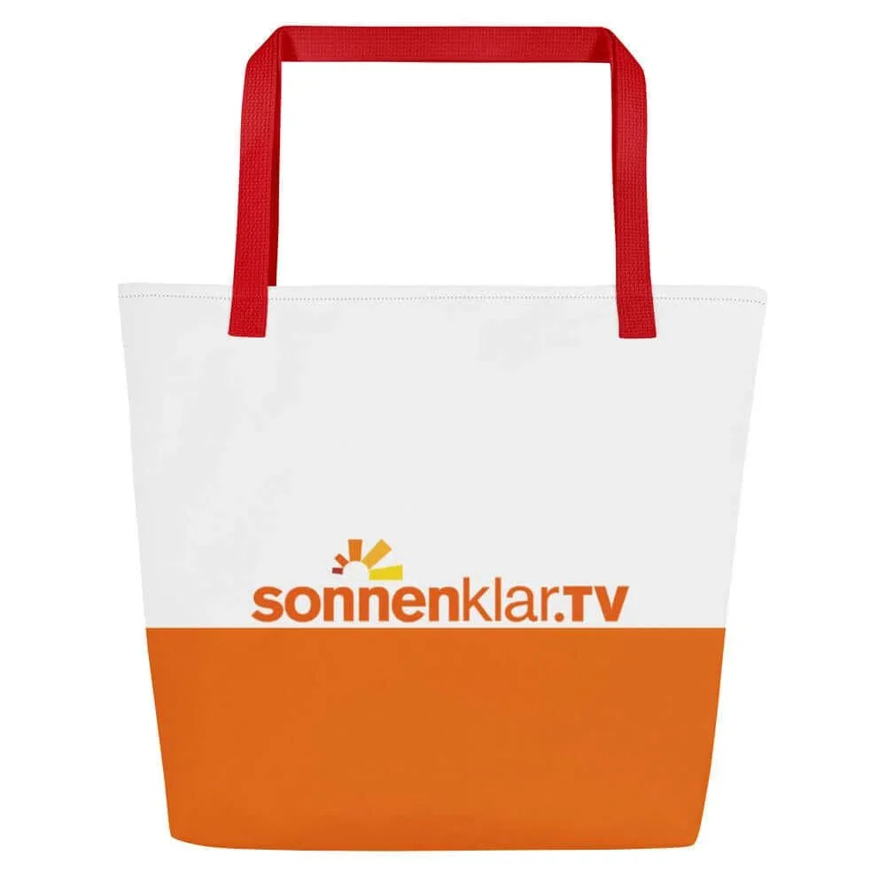Weiße Tragetasche mit orangefarbenem Boden und sonnenklar.TV Logo sowie roten Griffen