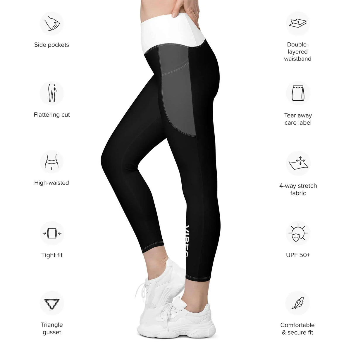 Schwarze CREWILD Leggings mit weißem Bund und Seitentaschen für Damen
