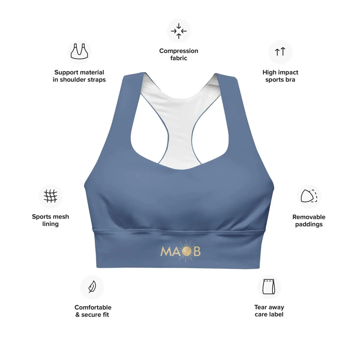 Blauer CREWILD Sport-BH für Damen mit Funktionsmerkmalen wie Kompressionsgewebe und Mesh-Futter.