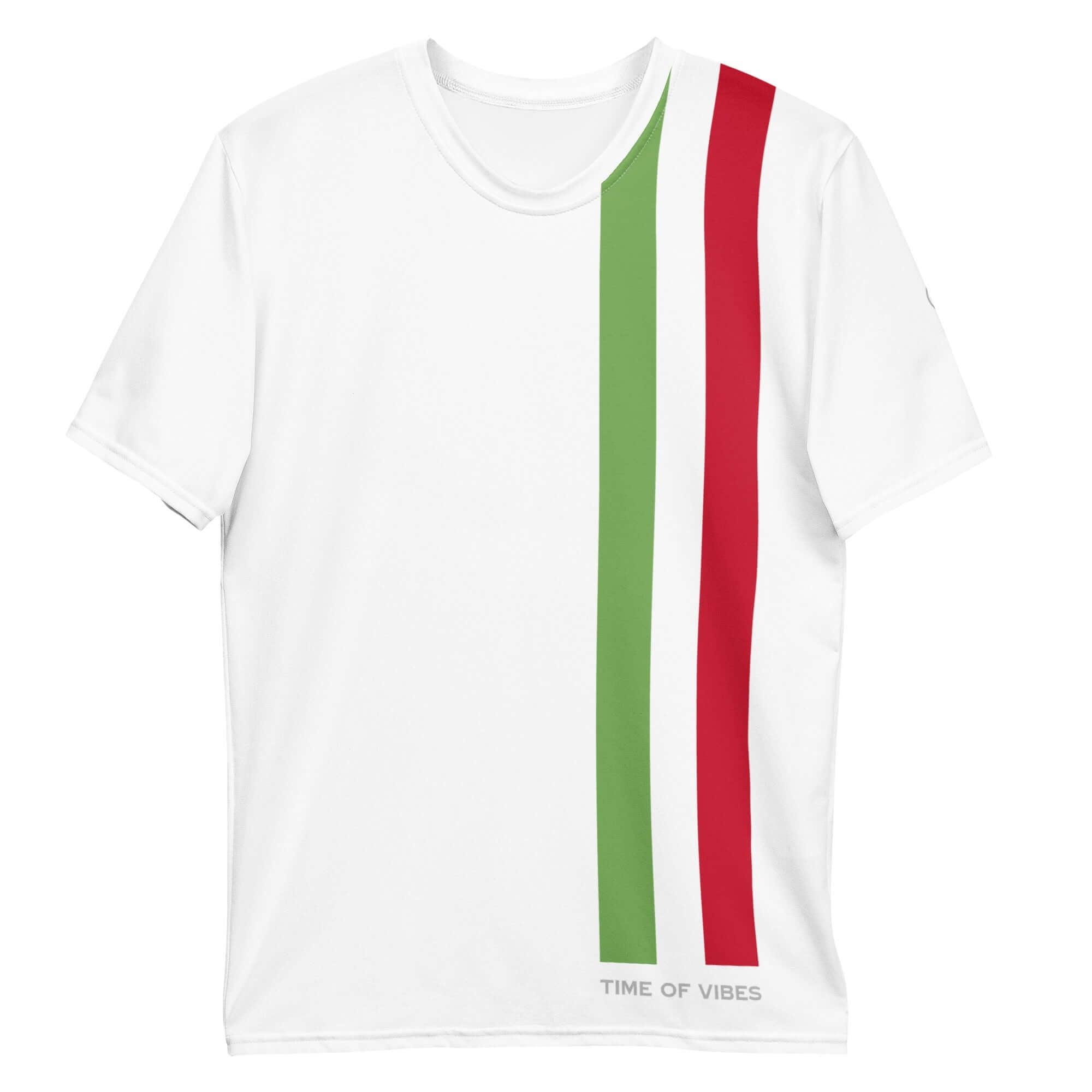 Herren T-Shirt weiß mit grünen, weißen und roten Streifen, Aufdruck TIME OF VIBES