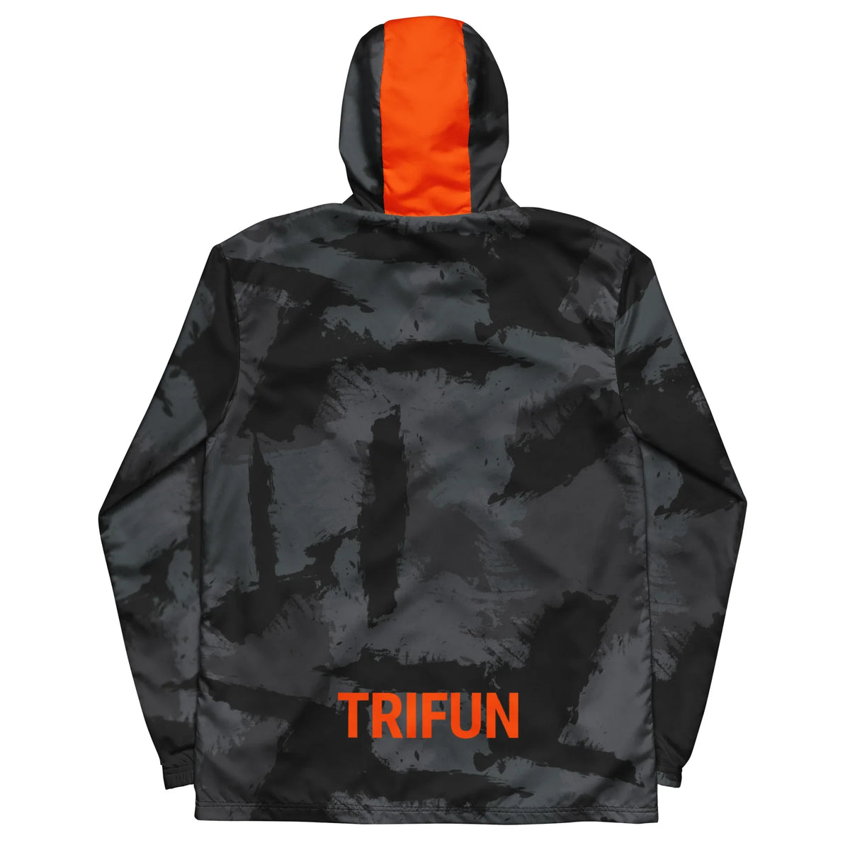 Rückseite der CREWILD TRIFUN Windjacke in Grau-Schwarz Camouflage mit orangefarbenem Innenfutter.
