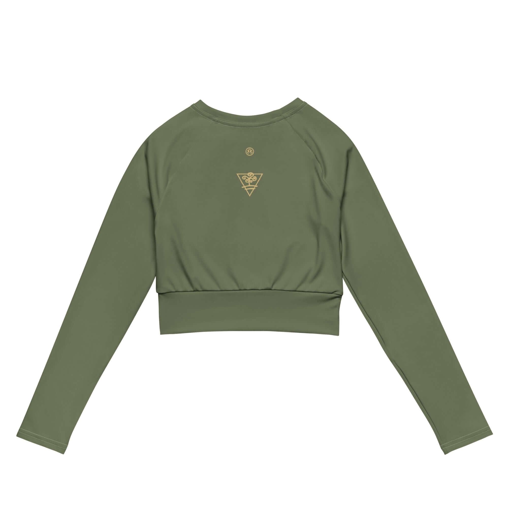 Rückseite des CREWILD MAOB Langarm Crop-Tops in Erdfarben mit goldenem Logo