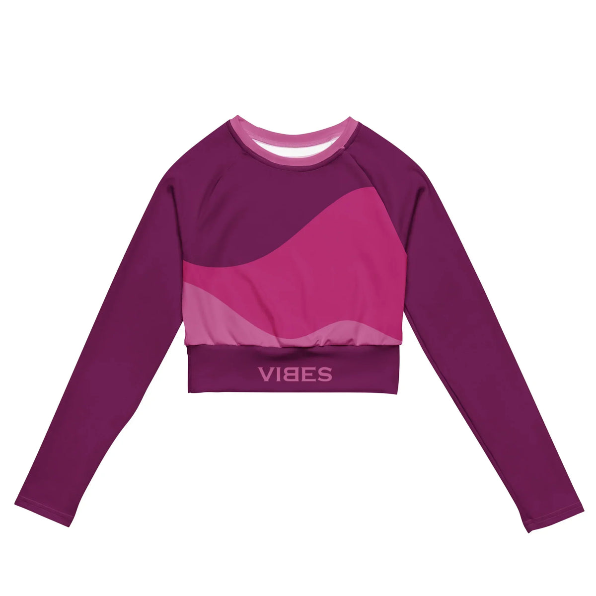 CREWILD Langarm Crop-Top in Pink mit abstraktem Design und VIBES-Schriftzug