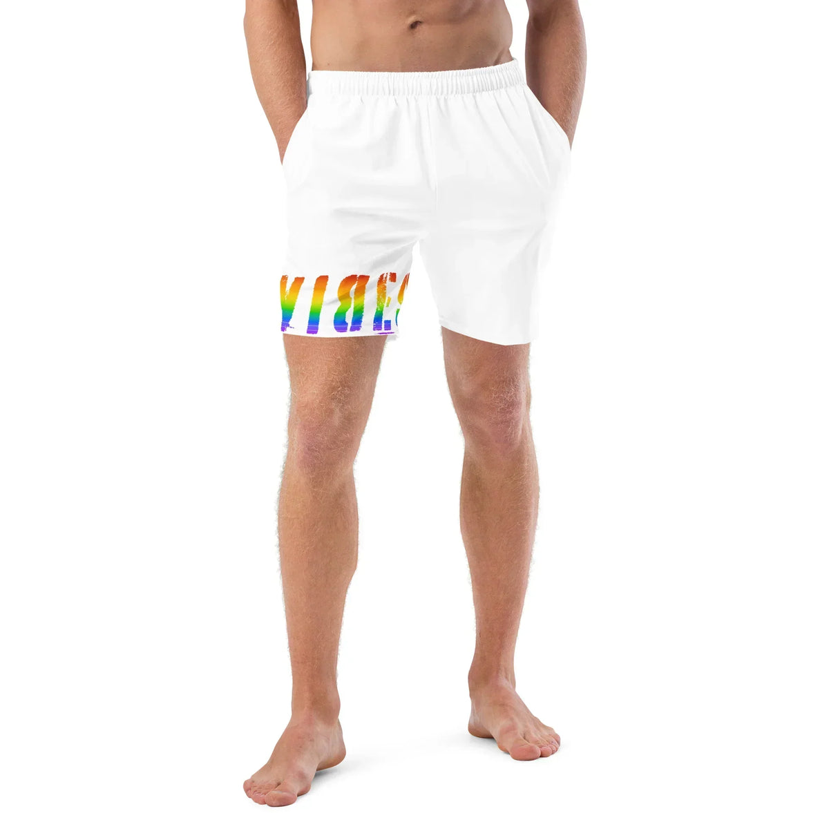 Weiße CREWILD Badeshorts mit Regenbogen-Schriftzug VIBES für Männer