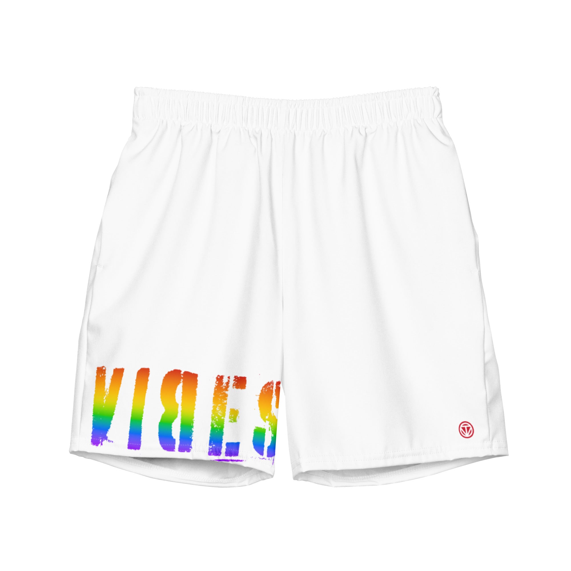 Weiße CREWILD Badeshorts mit regenbogenfarbenem VIBES-Schriftzug