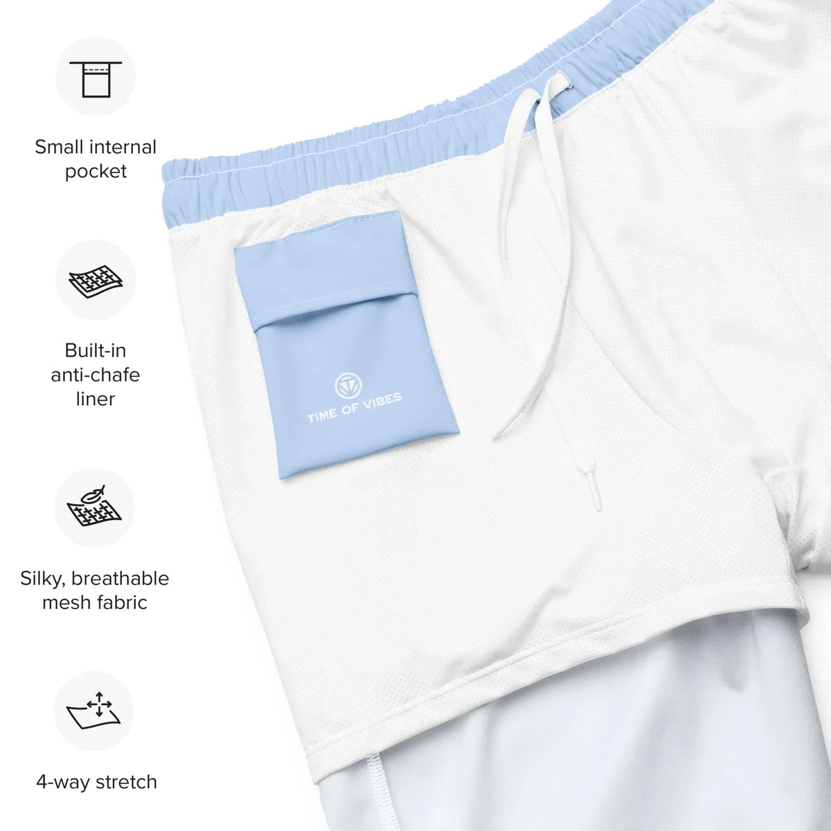 Nahaufnahme der hellblauen CREWILD Badeshorts mit Detailansichten zu Stoff und Taschen.