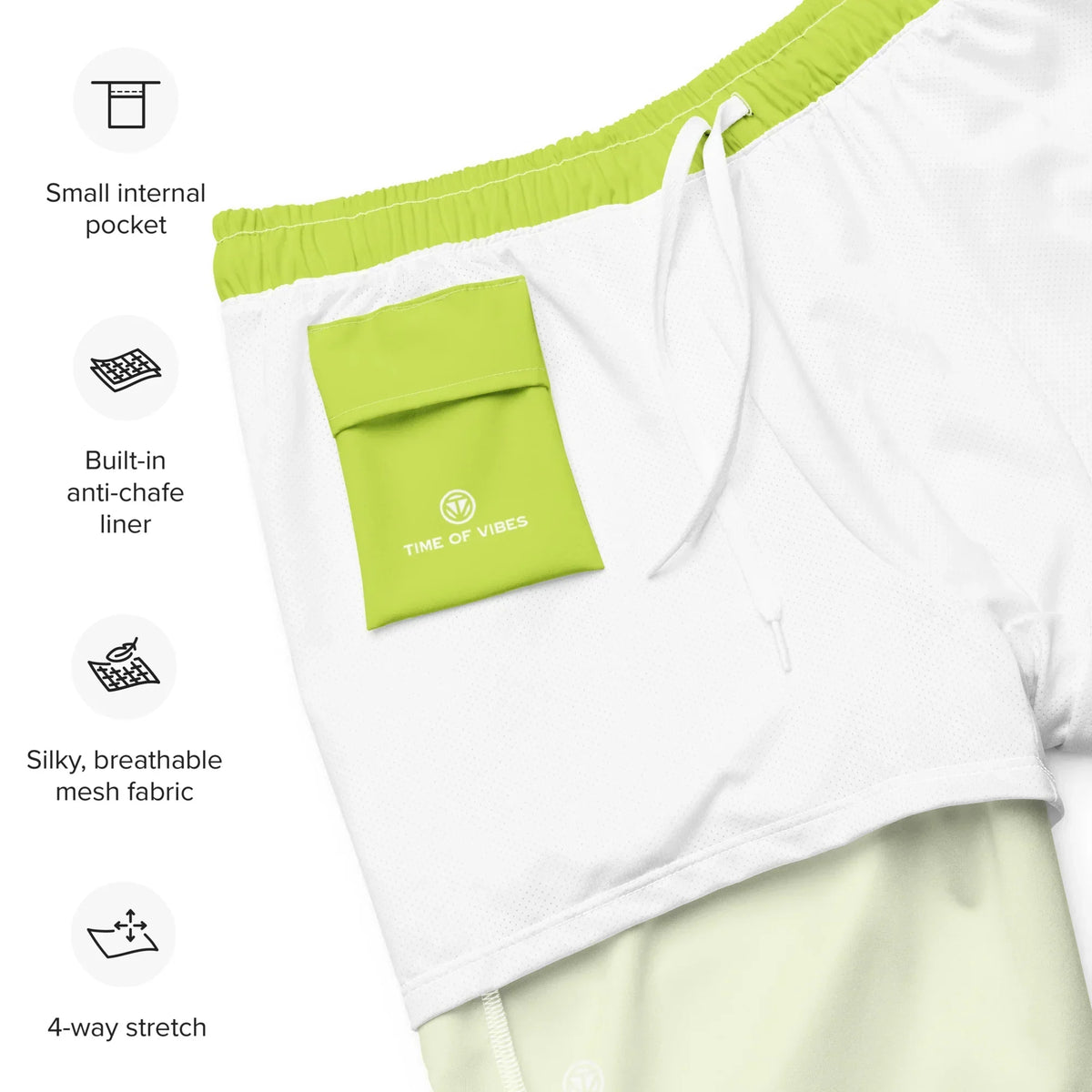 Weiße CREWILD Badeshorts in Grün mit Details zu Tasche, Futter und atmungsaktivem Mesh-Stoff.