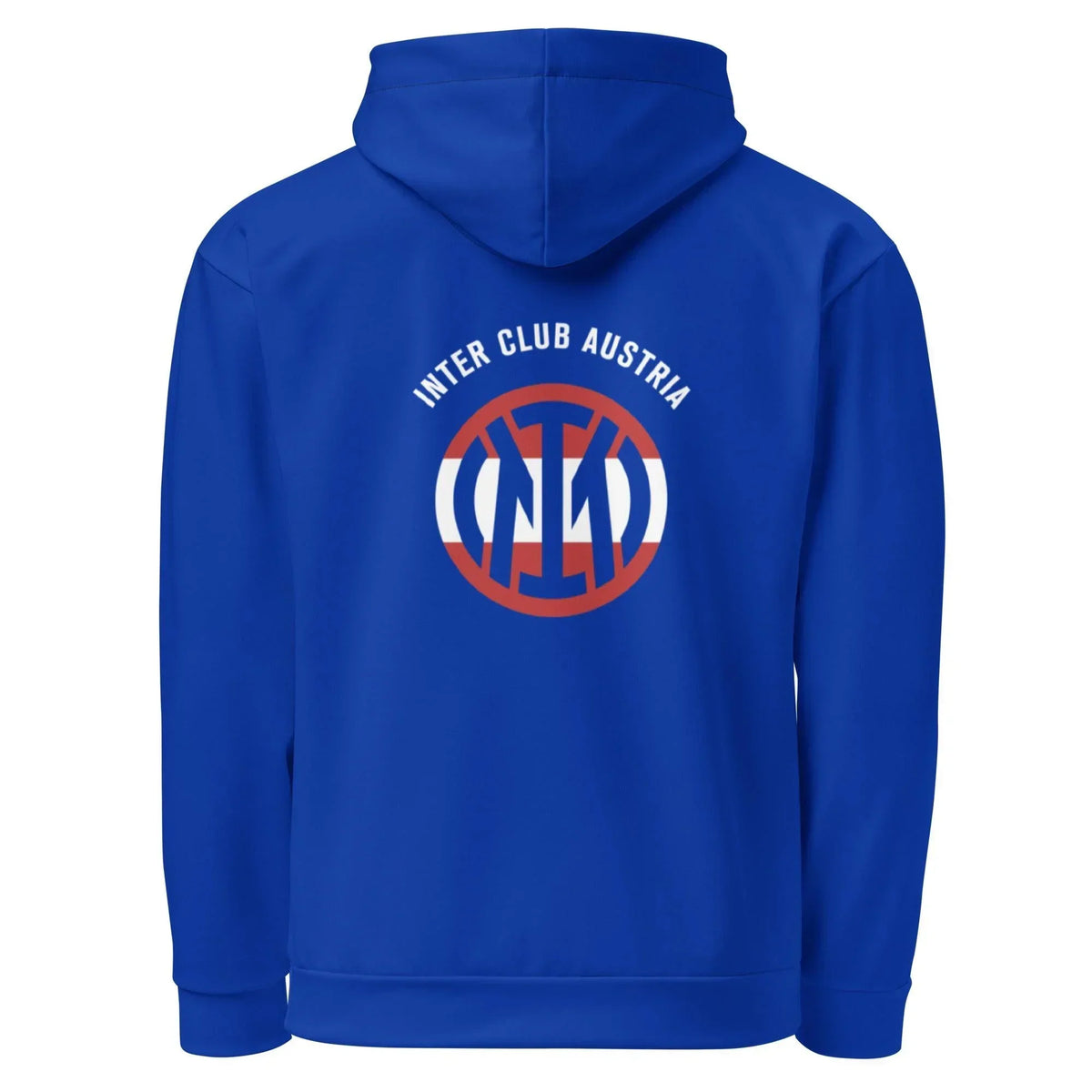 Rückseite eines blauen CREWILD Hoodies mit Inter Club Austria Logo