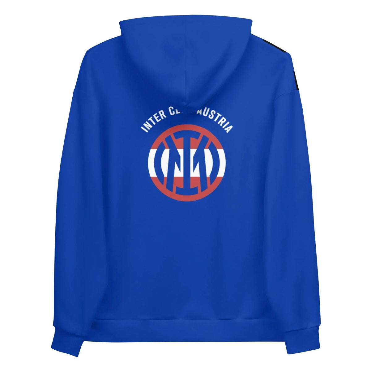 Rückansicht eines blauen CREWILD Unisex Hoodies mit Inter Club Austria Logo