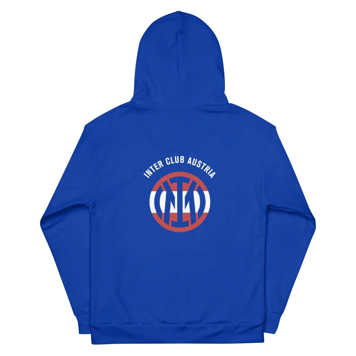 Rückseite eines blauen CREWILD Hoodies mit dem Inter Club Austria Logo