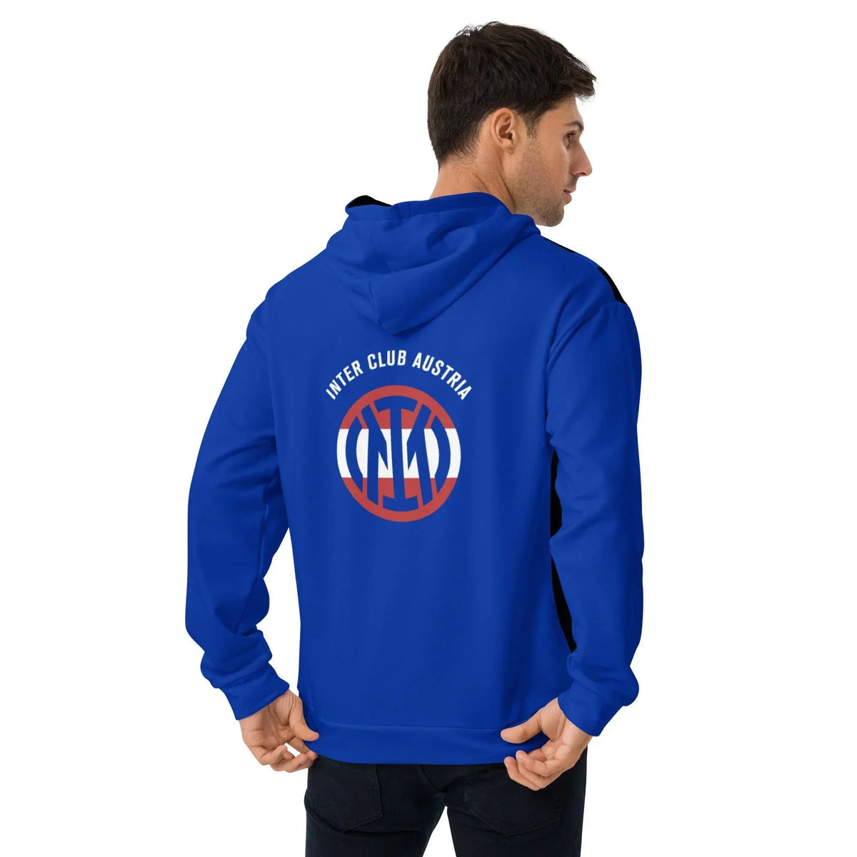 Rückansicht eines blauen CREWILD Unisex Hoodies mit Inter Club Austria Logo