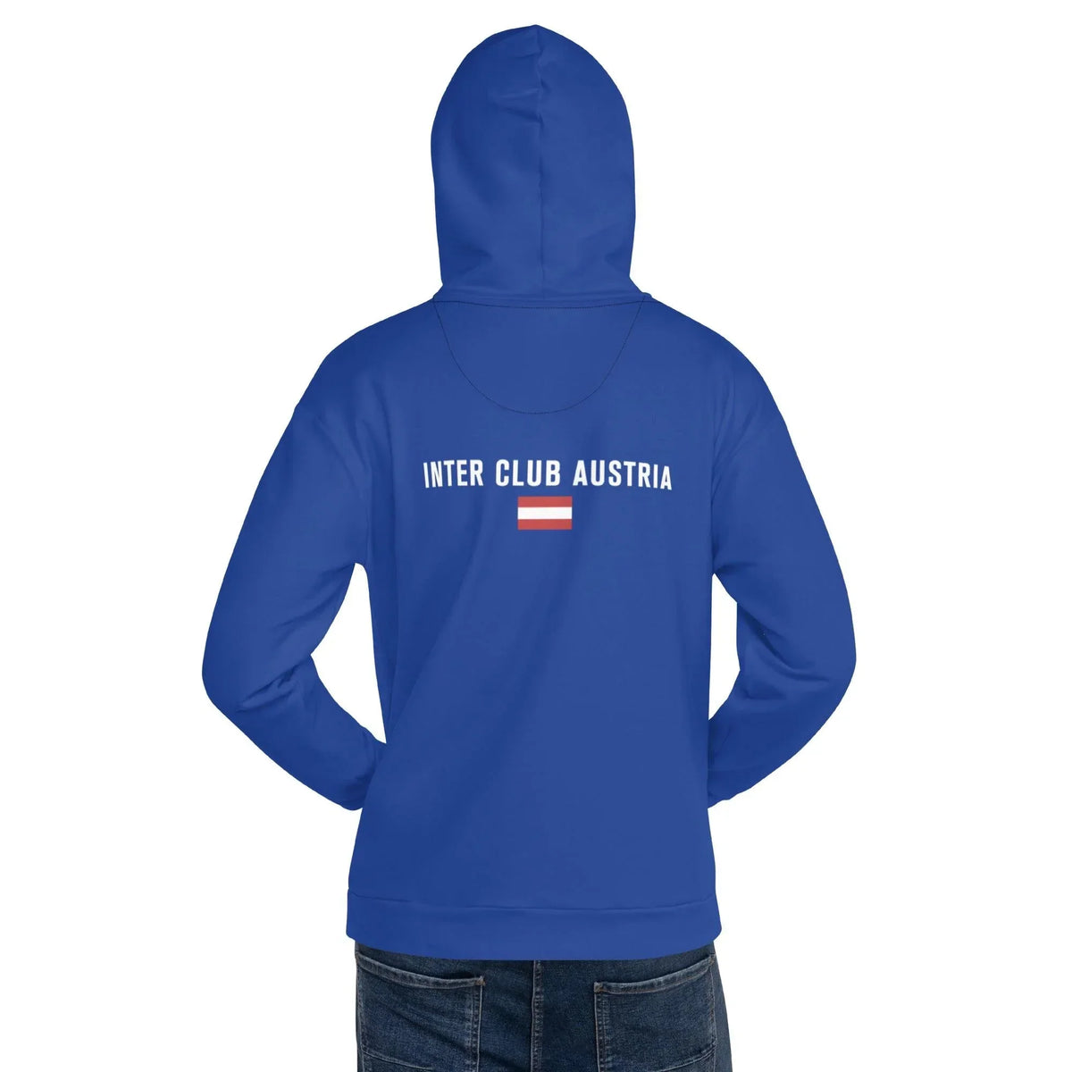 Rückansicht eines blauen CREWILD Unisex Hoodies mit dem Schriftzug INTER CLUB AUSTRIA und Flagge.