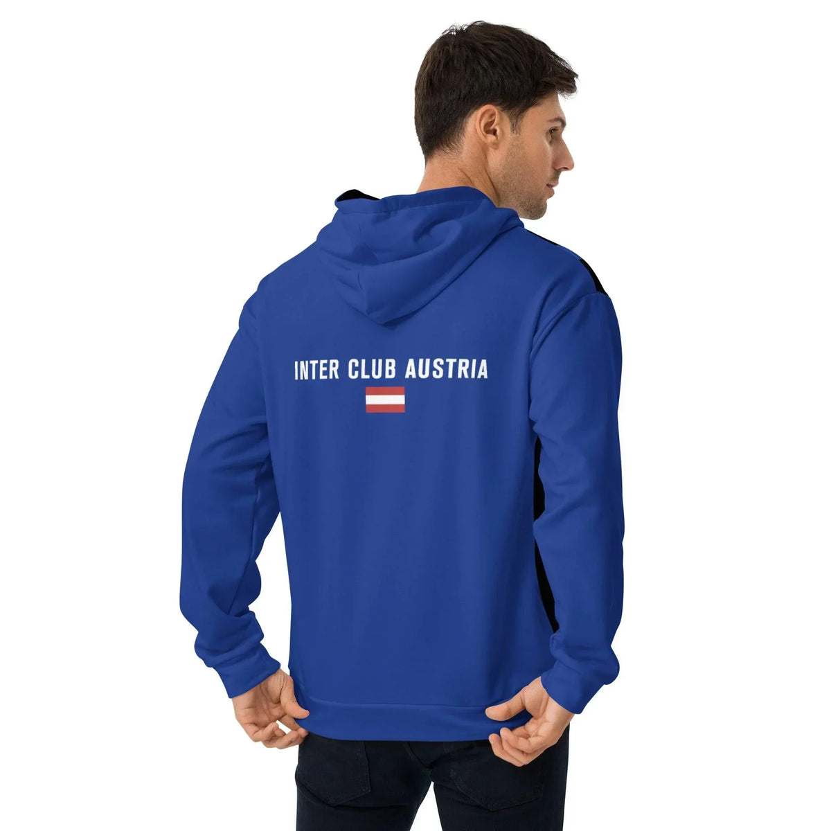 Rückansicht eines blauen CREWILD Hoodies mit weißem &