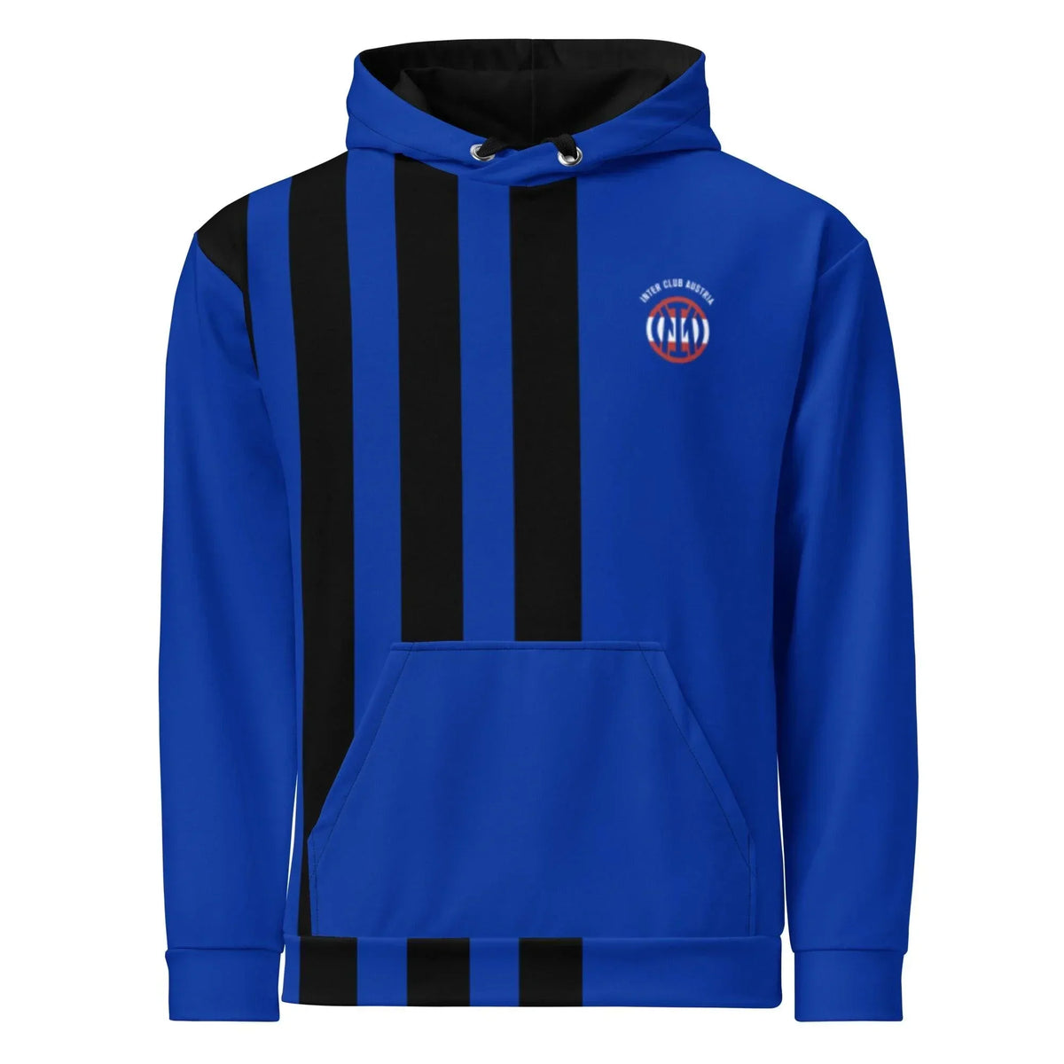 Blau-schwarzer gestreifter Unisex Hoodie von CREWILD mit ICA-Logo auf der Brust.