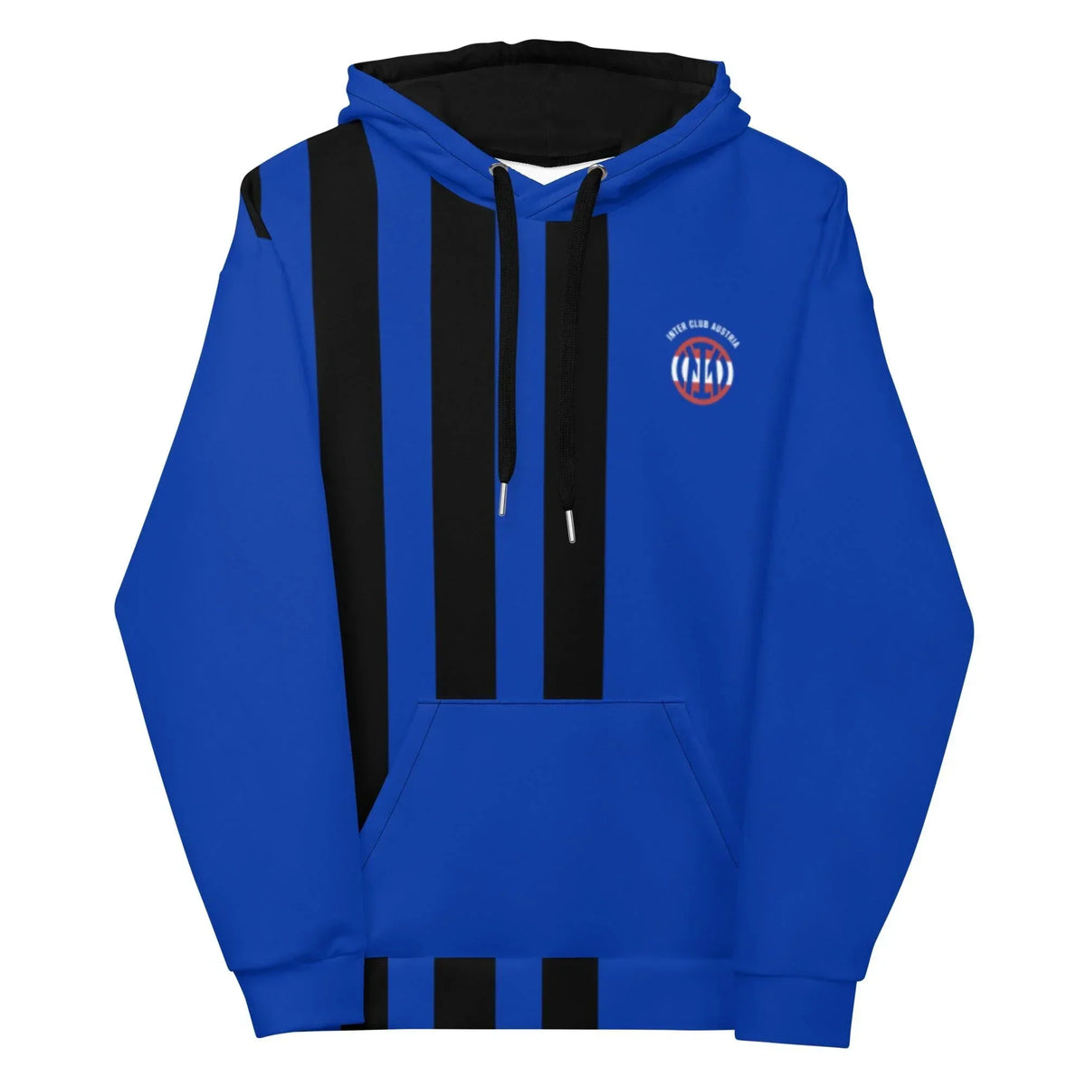 Blau-schwarzer Unisex Hoodie von CREWILD mit Längsstreifen und ICA-Logo auf der Brust