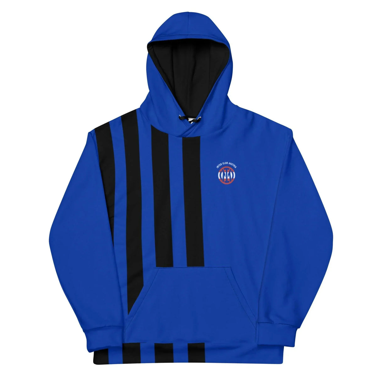 Blauer Unisex Hoodie von CREWILD mit schwarzen Längsstreifen und Logo-Print auf der Brust