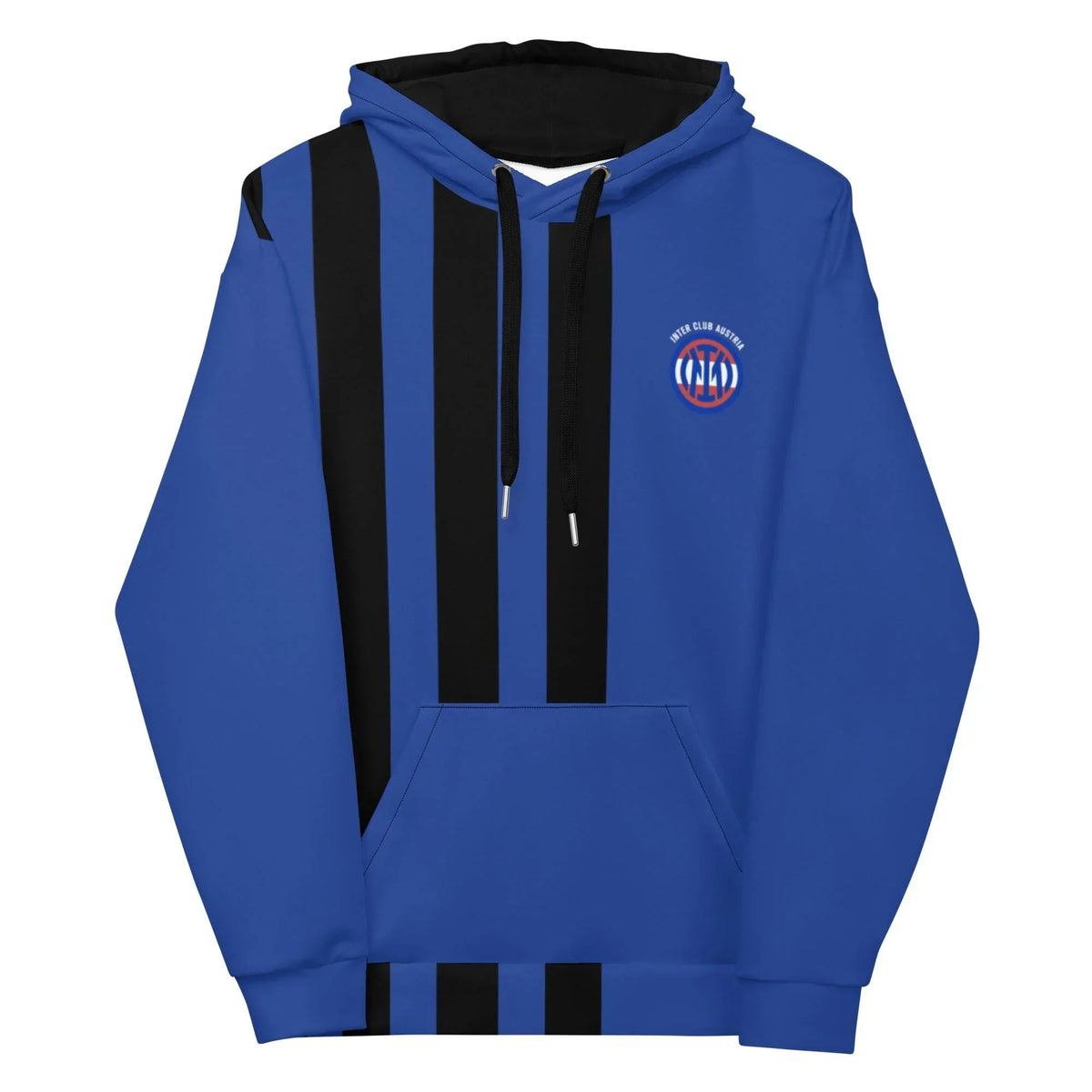 Blau-schwarzer gestreifter CREWILD Unisex Hoodie mit ICA Logo auf der Brust.