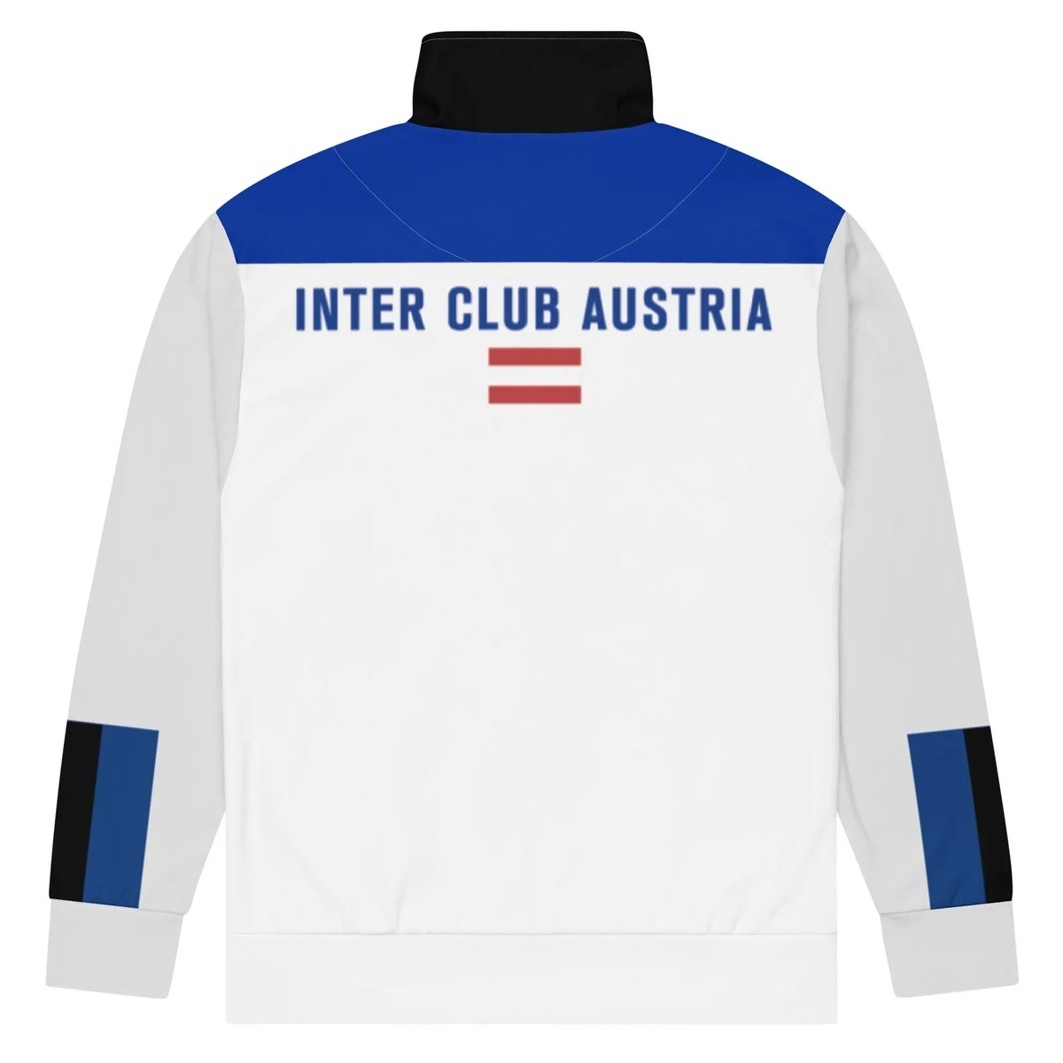 Rückseite der weißen Unisex Trainingsjacke von CREWILD mit blauem Schulterbereich und ICA Aufdruck