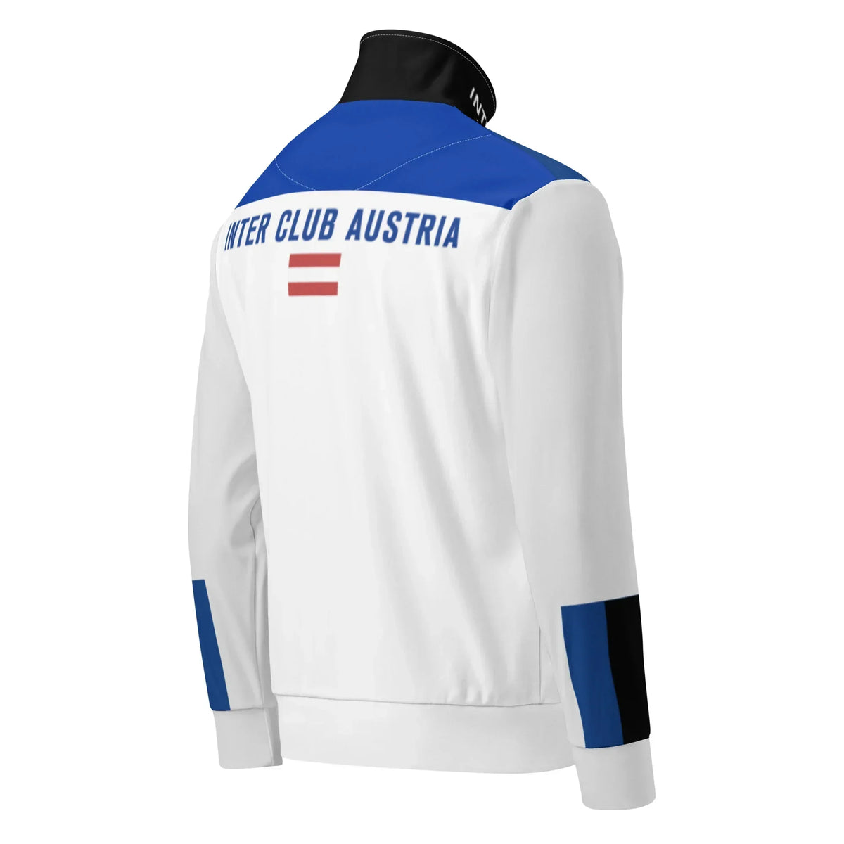 Rückansicht der weißen CREWILD ICA Trainingsjacke mit blauem Schulterbereich und Aufdruck.
