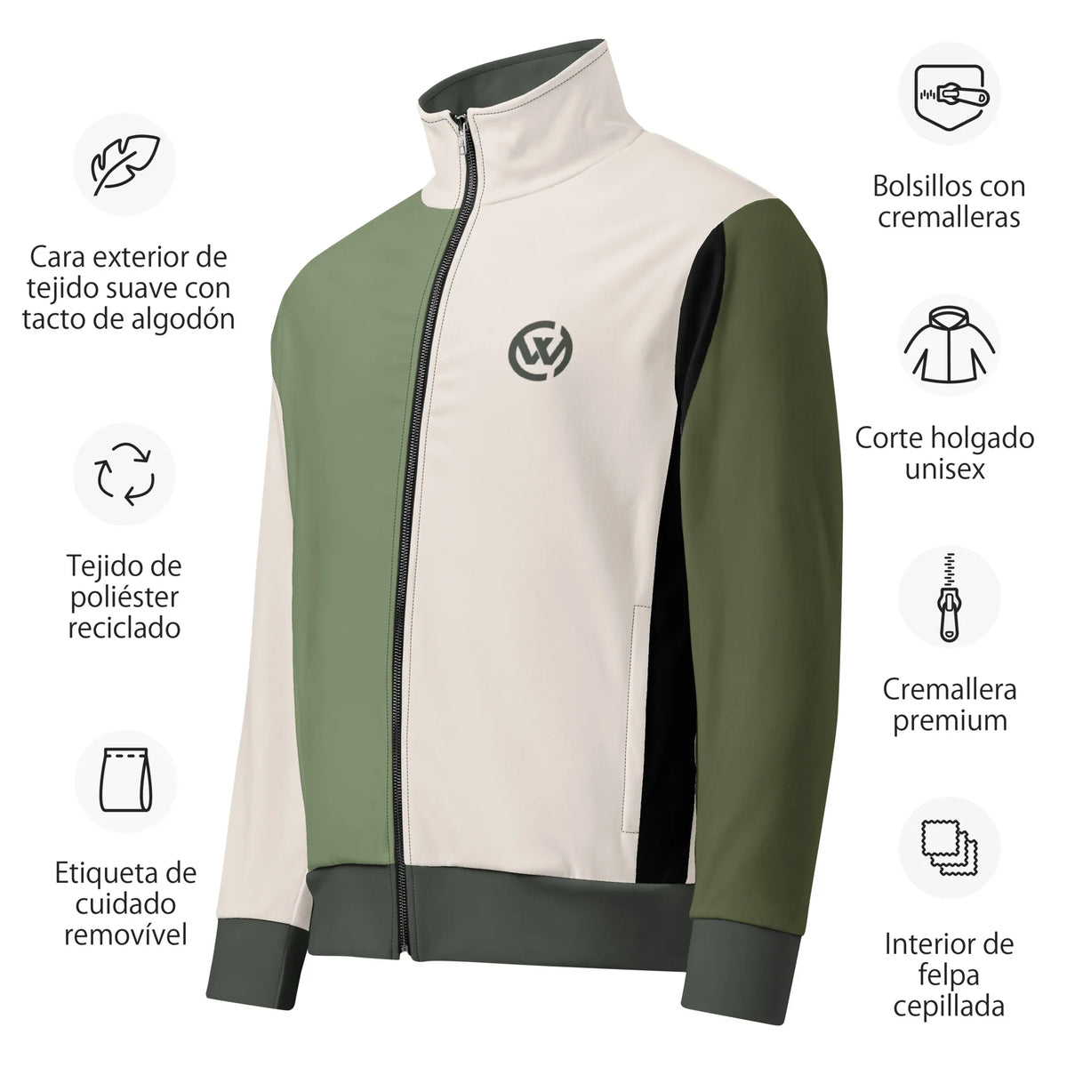 CREWILD Unisex-Jacke in Creme und Grün mit Details zu Material und Passform.