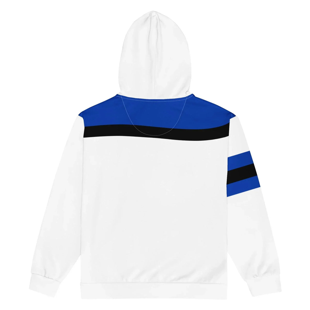 Rückseite des weißen CREWILD ICA Zip Hoodies mit blauen und schwarzen Streifen