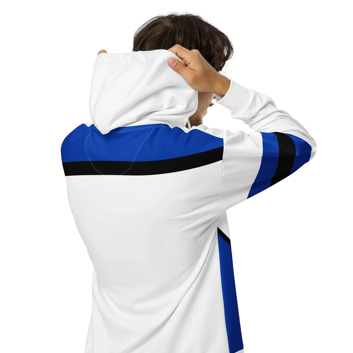 Rückansicht eines CREWILD ICA Zip Hoodies in Weiß mit blau-schwarzen Farbakzenten.