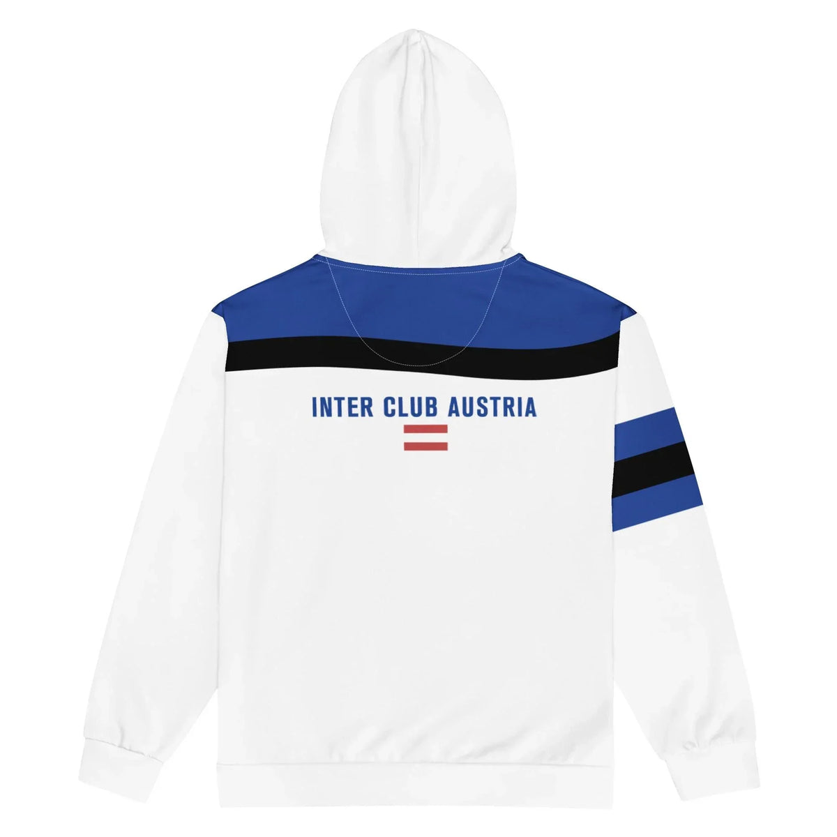 Rückseite des weißen CREWILD Unisex-Hoodies mit blau-schwarzem Streifen und Inter Club Austria Aufdruck