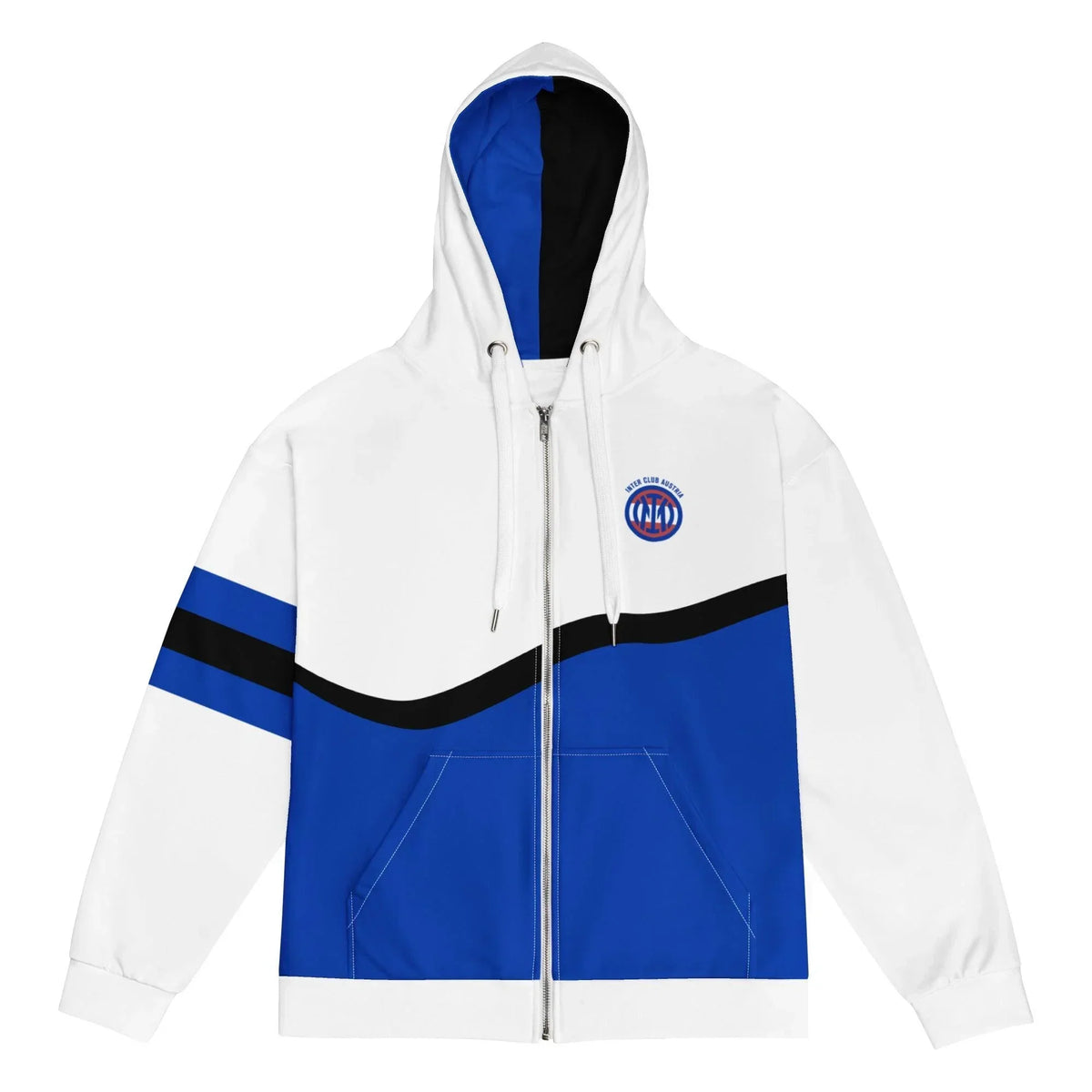 Weiß-blaues ICA Zip Hoodie von CREWILD mit farbigen Blockstreifen und Logo