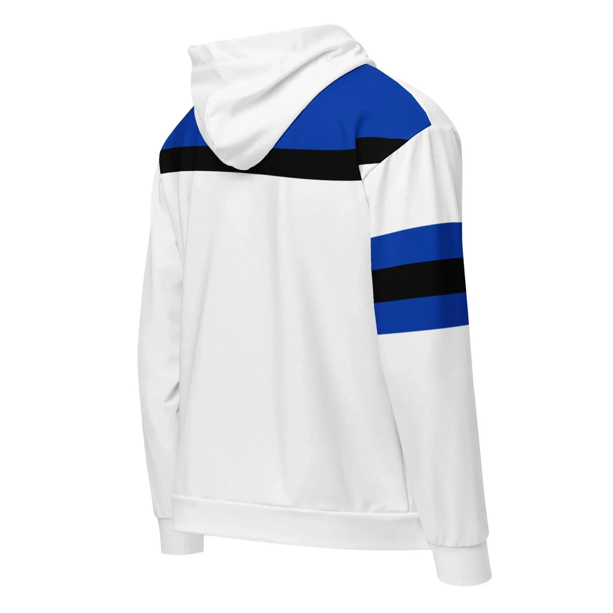 Rückansicht des weißen CREWILD ICA Zip Hoodies mit blauen und schwarzen Streifen