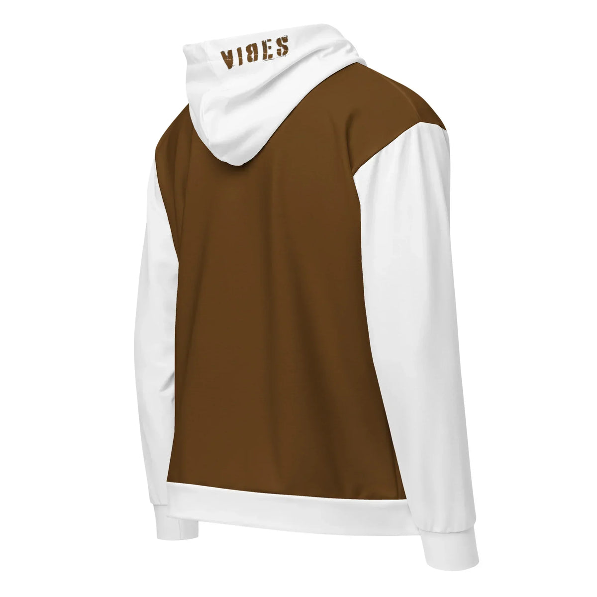 Rückansicht eines CREWILD Zip-Hoodies in Braun und Weiß mit VIBES-Stickerei auf der Kapuze