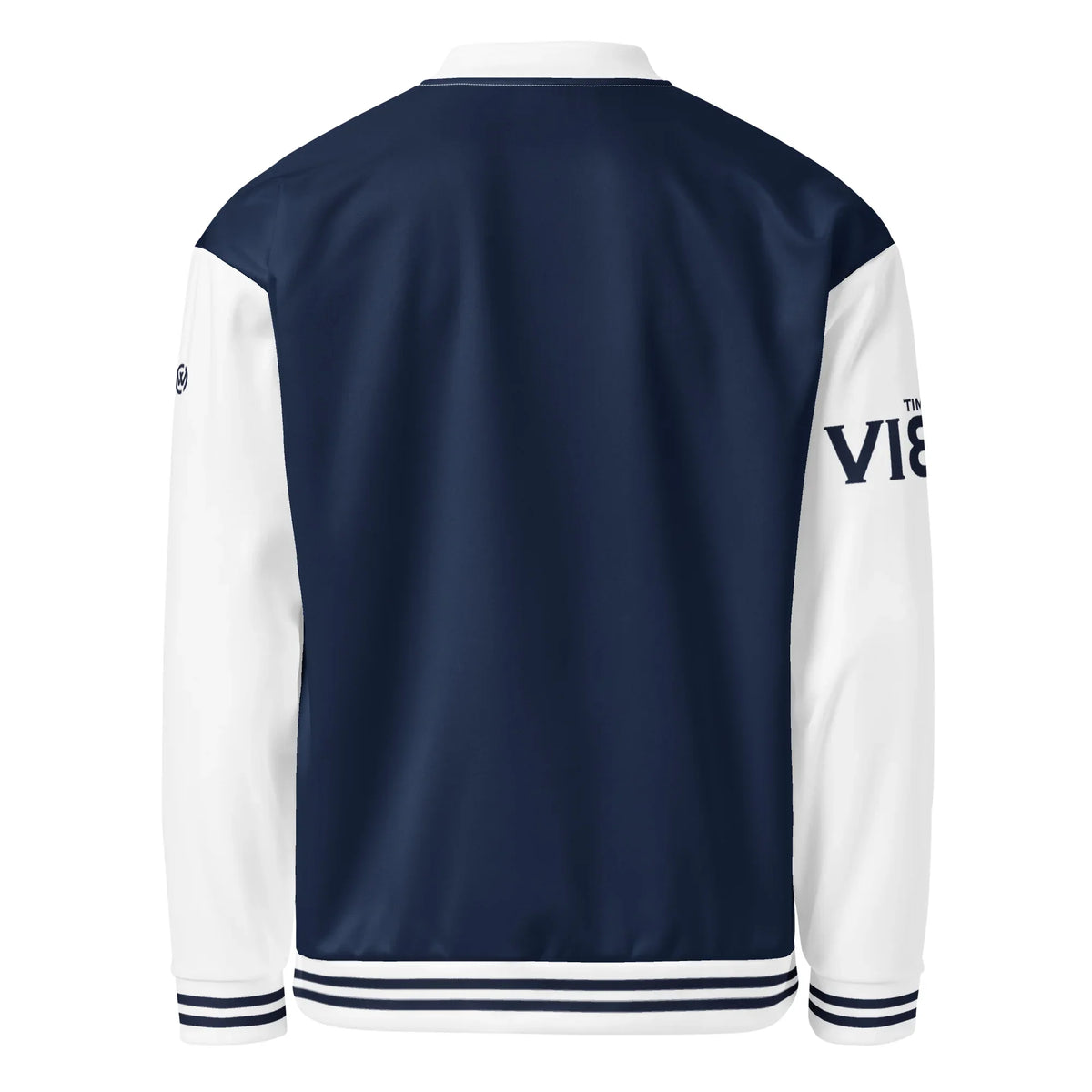 Rückansicht der blau-weißen CREWILD Collegejacke für Unisex.