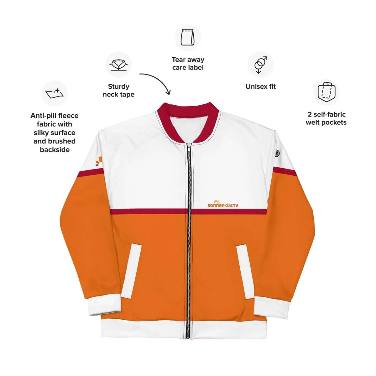 Weiß-orangefarbene Fleece-Jacke mit Reißverschluss und Produktdetails auf weißem Hintergrund
