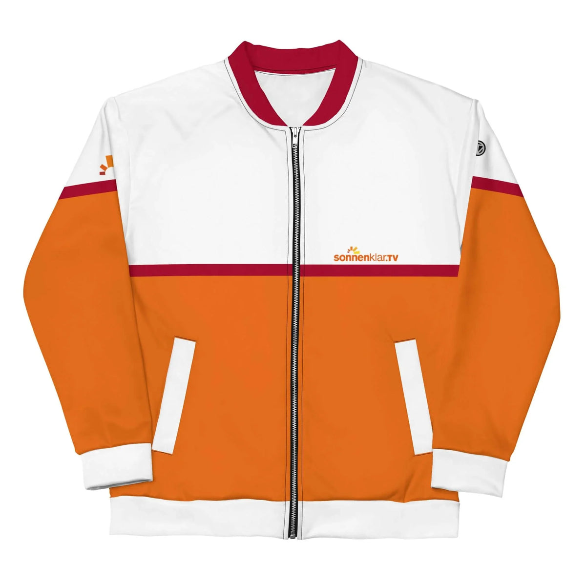 Zweifarbige Bomberjacke in Weiß und Orange mit Sonnenklar.TV Logo und rotem Kragen