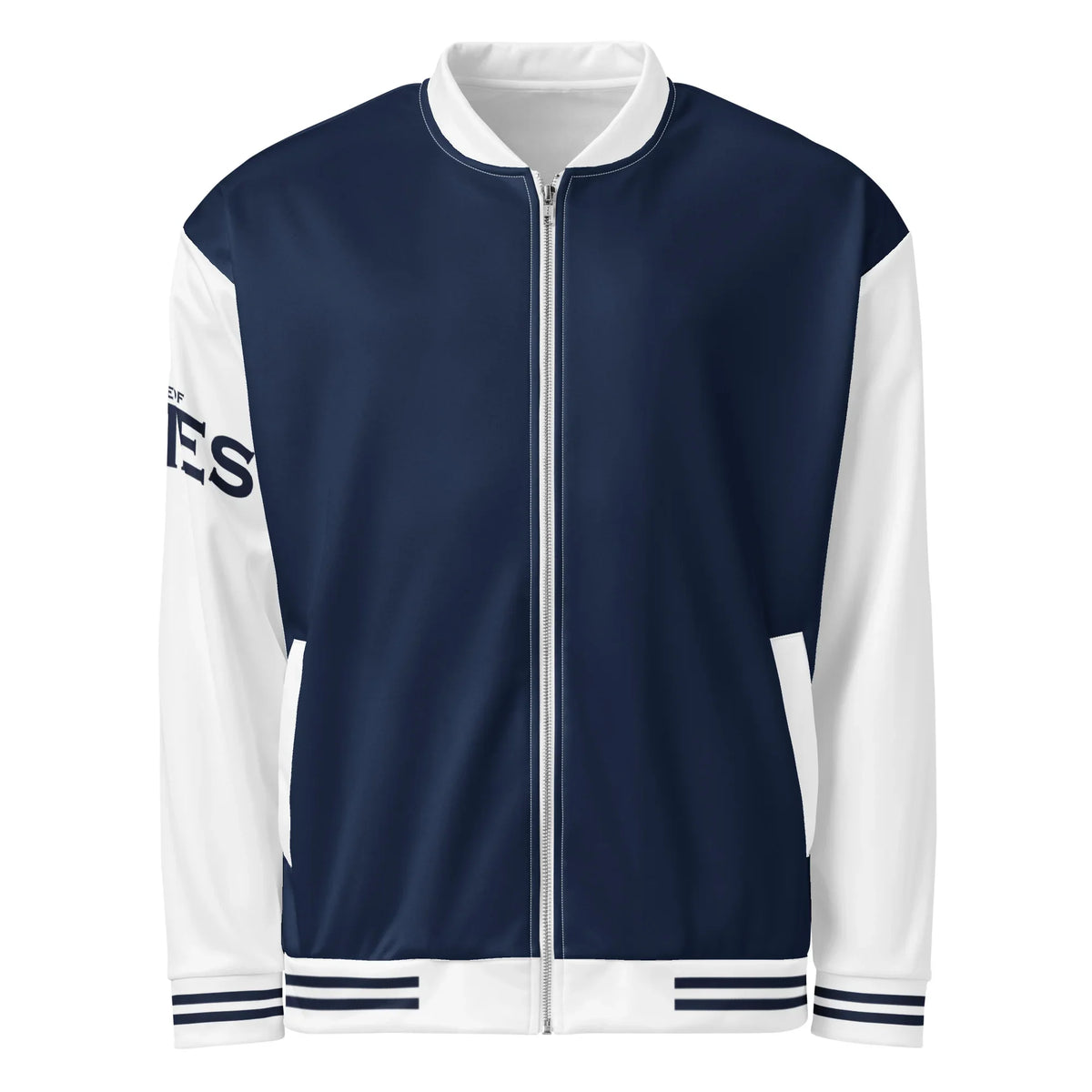 Blau-weiße Unisex Collegejacke von CREWILD mit Reißverschluss und gestreiften Bündchen.