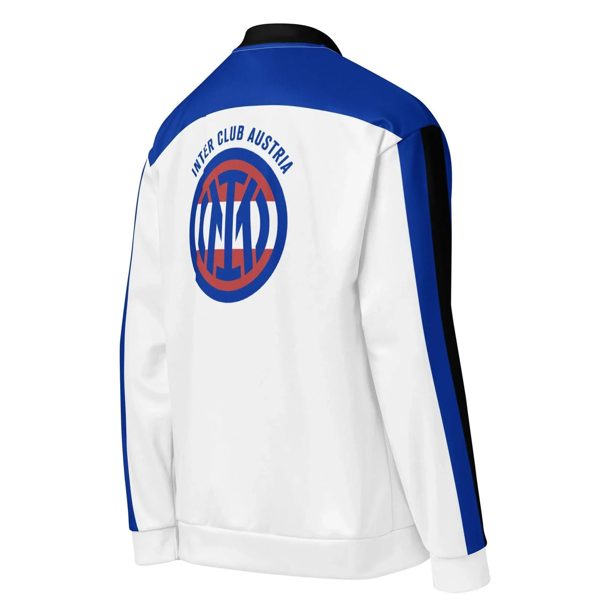 Rückseite der weißen CREWILD ICA Trainingsjacke mit blau-rotem Inter Club Austria Logo