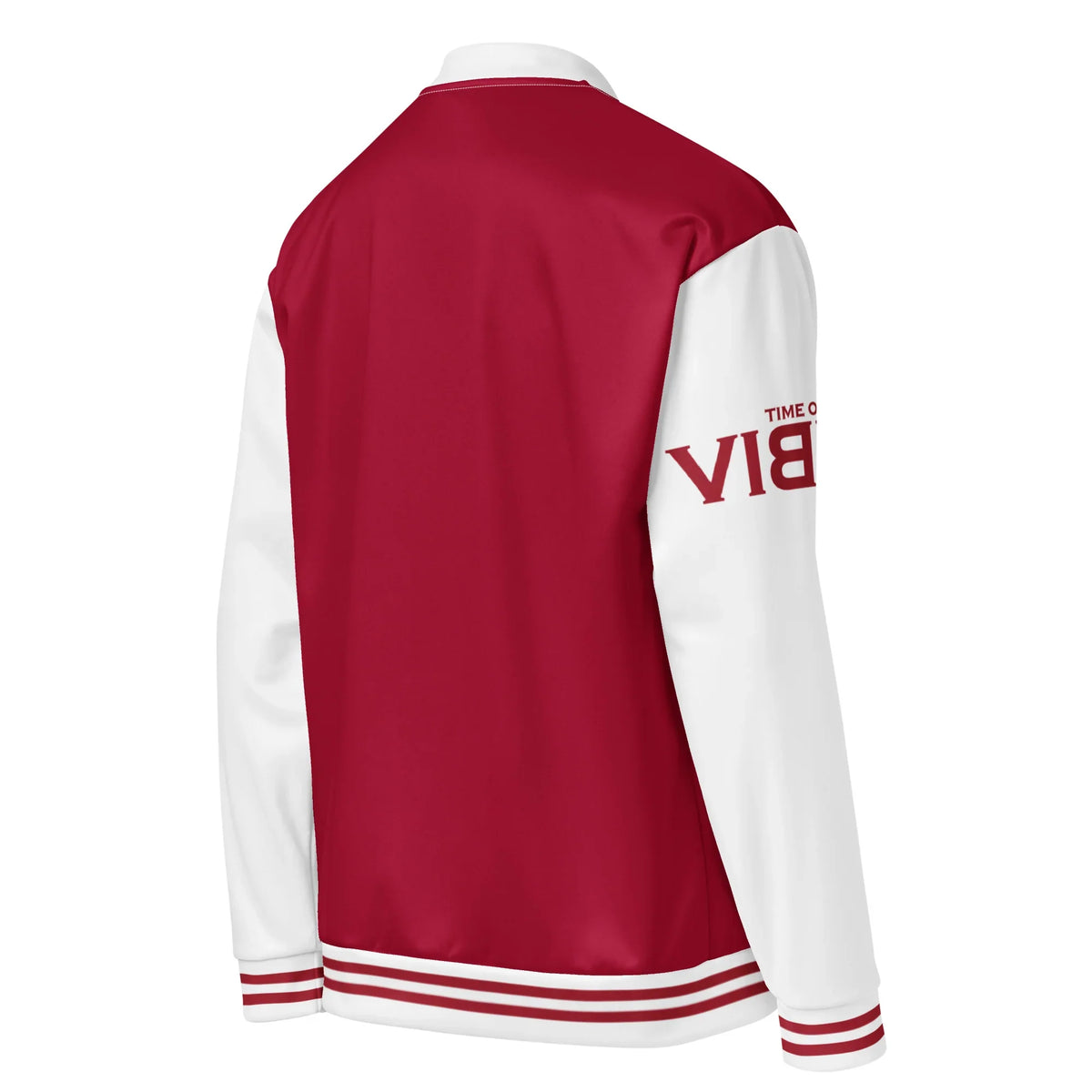 Rückansicht der rot-weißen CREWILD Collegejacke GOOD-VIBES für Unisex.