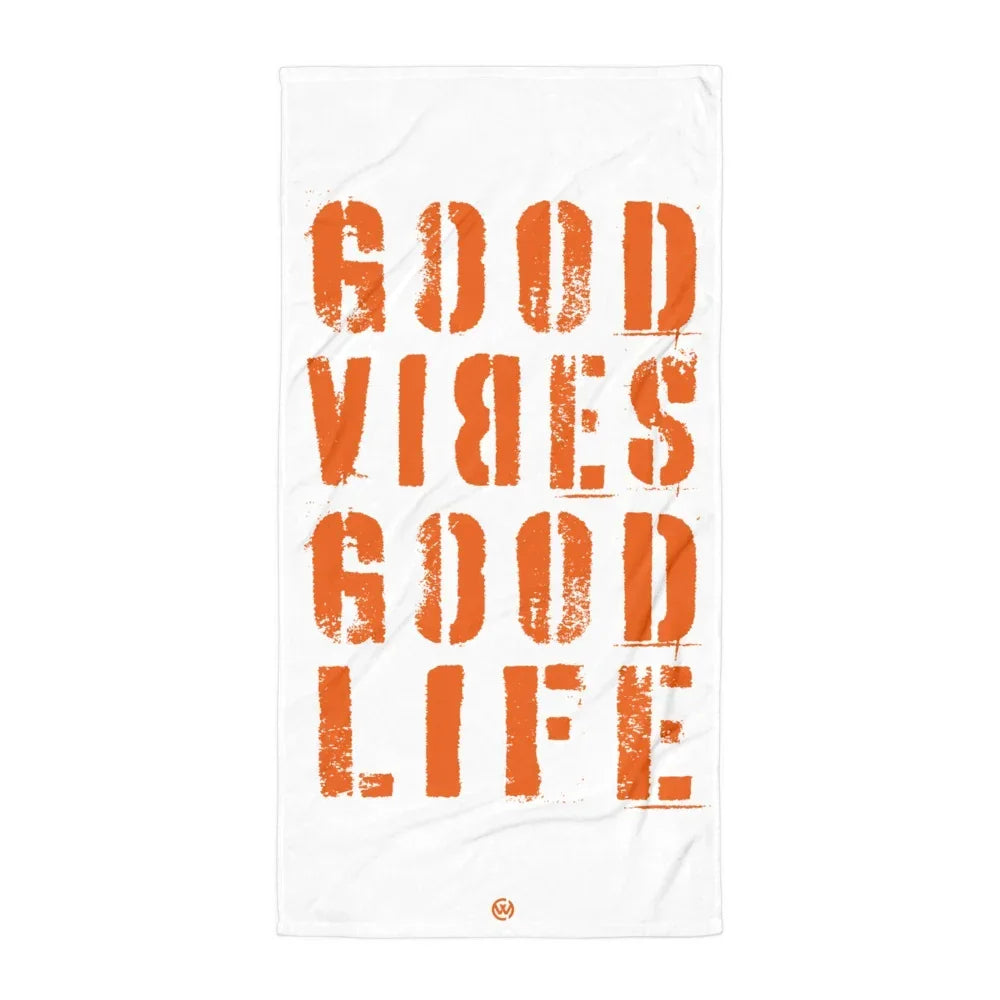 Weißes CREWILD Strandtuch mit orangefarbenem Aufdruck GOOD VIBES GOOD LIFE